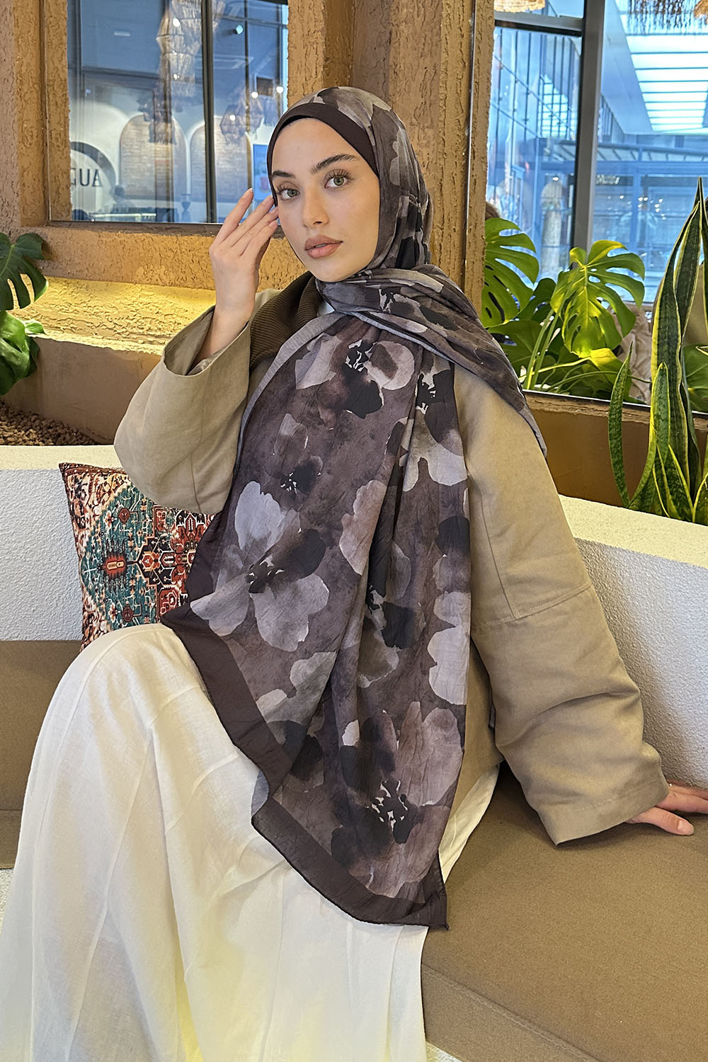 Lamelif Batik Çiçek Desen Bambu Şal Acı Kahve