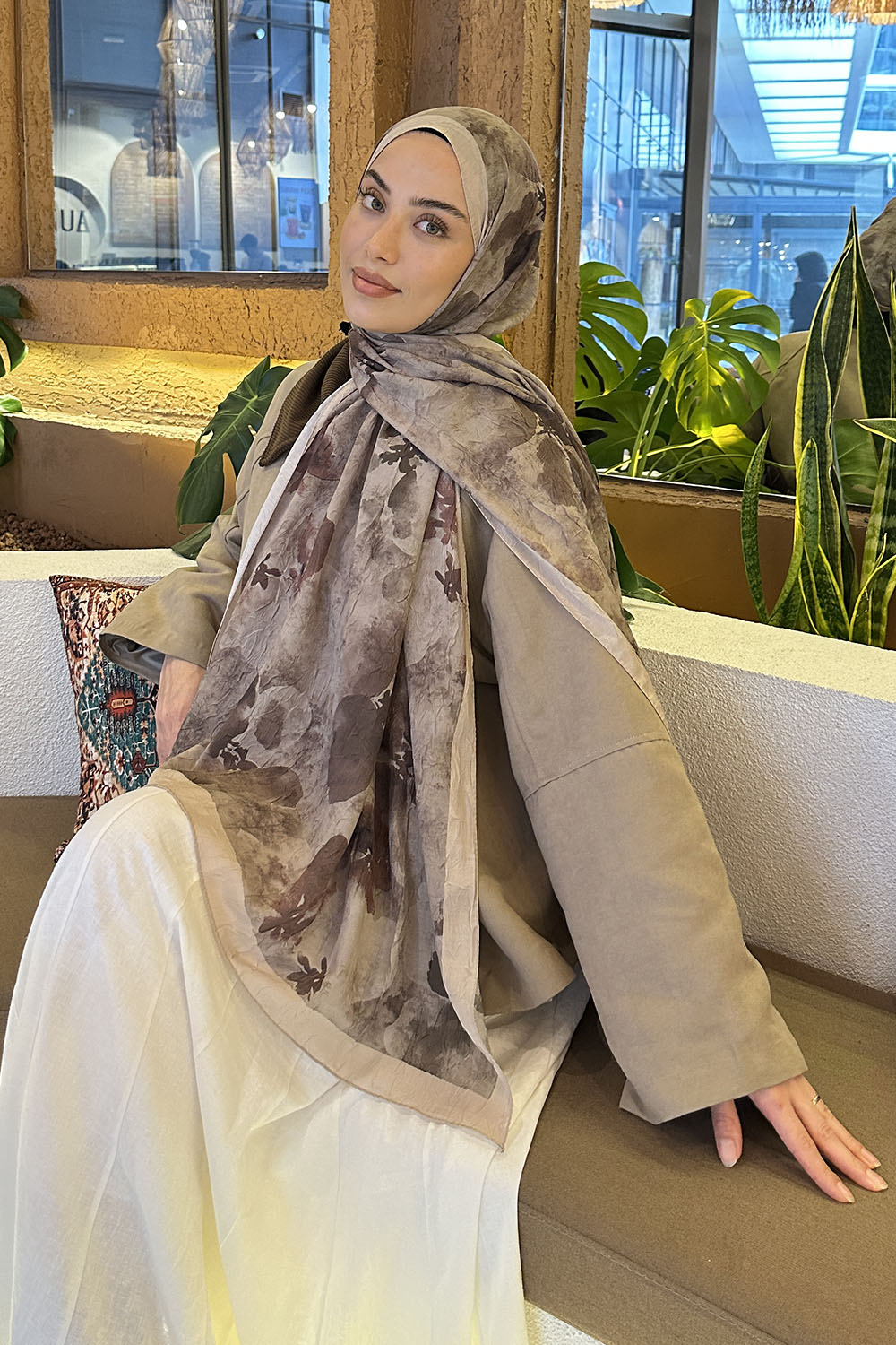 Lamelif Batik Çiçek Desen Bambu Şal Asker Yeşili