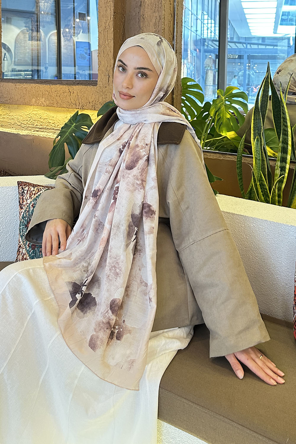 Lamelif Batik Çiçek Desen Bambu Şal Bej