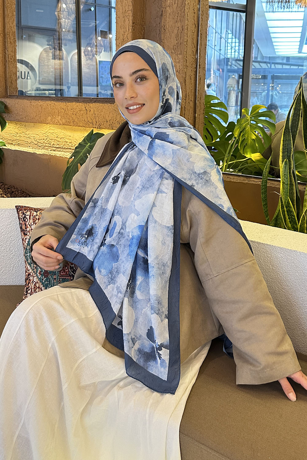 Lamelif Batik Çiçek Desen Bambu Şal İndigo