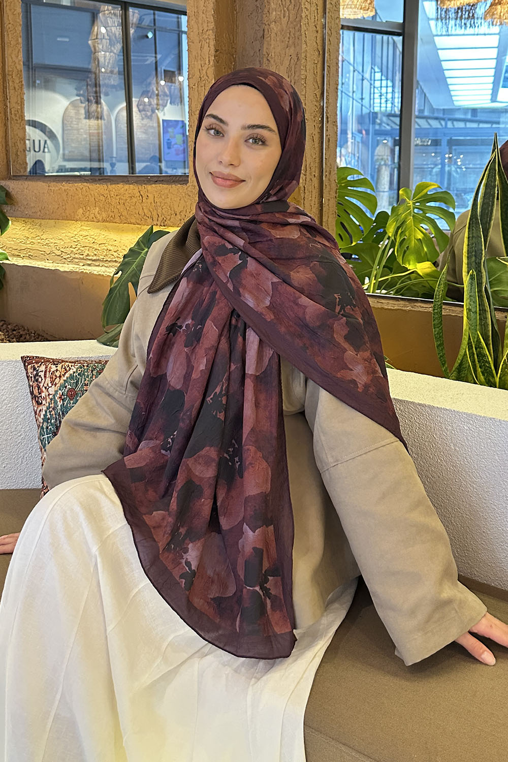 Lamelif Batik Çiçek Desen Bambu Şal Koyu Bordo