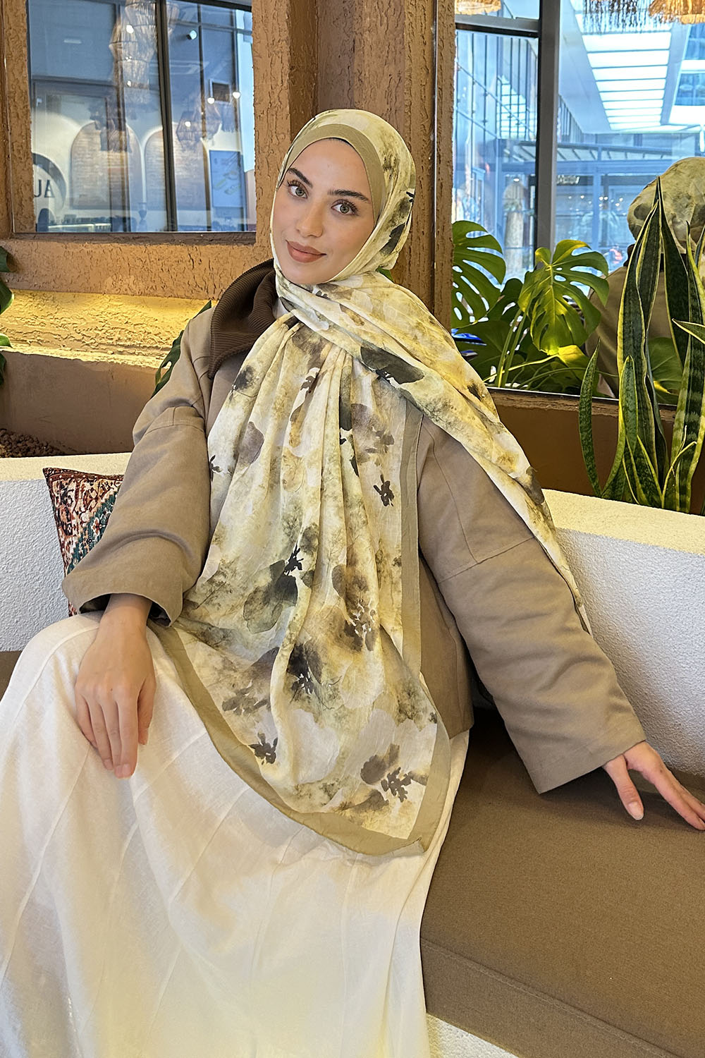 Lamelif Batik Çiçek Desen Bambu Şal Mint Yeşili