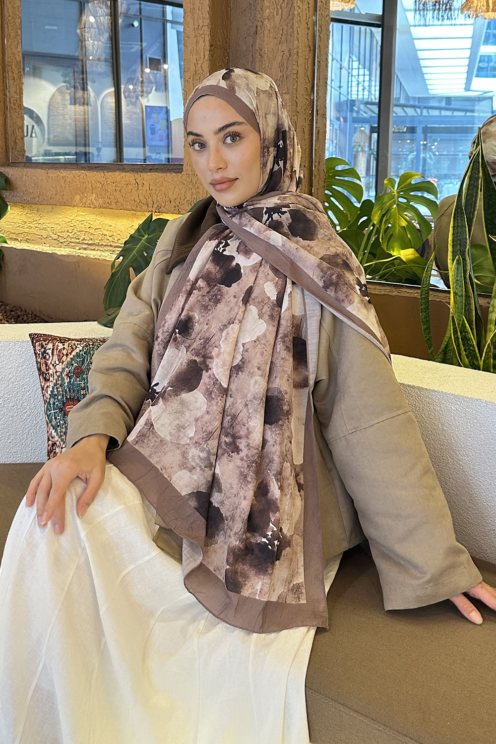 Lamelif Batik Çiçek Desen Bambu Şal Toprak