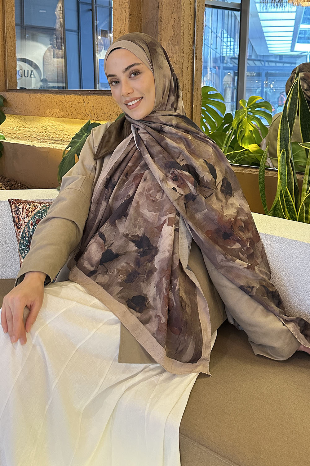 Lamelif Gül Desen Bambu Şal Asker Yeşili