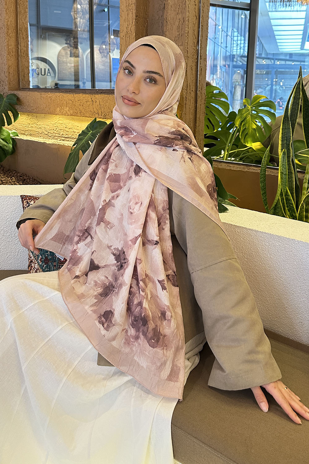 Lamelif Gül Desen Bambu Şal Bej