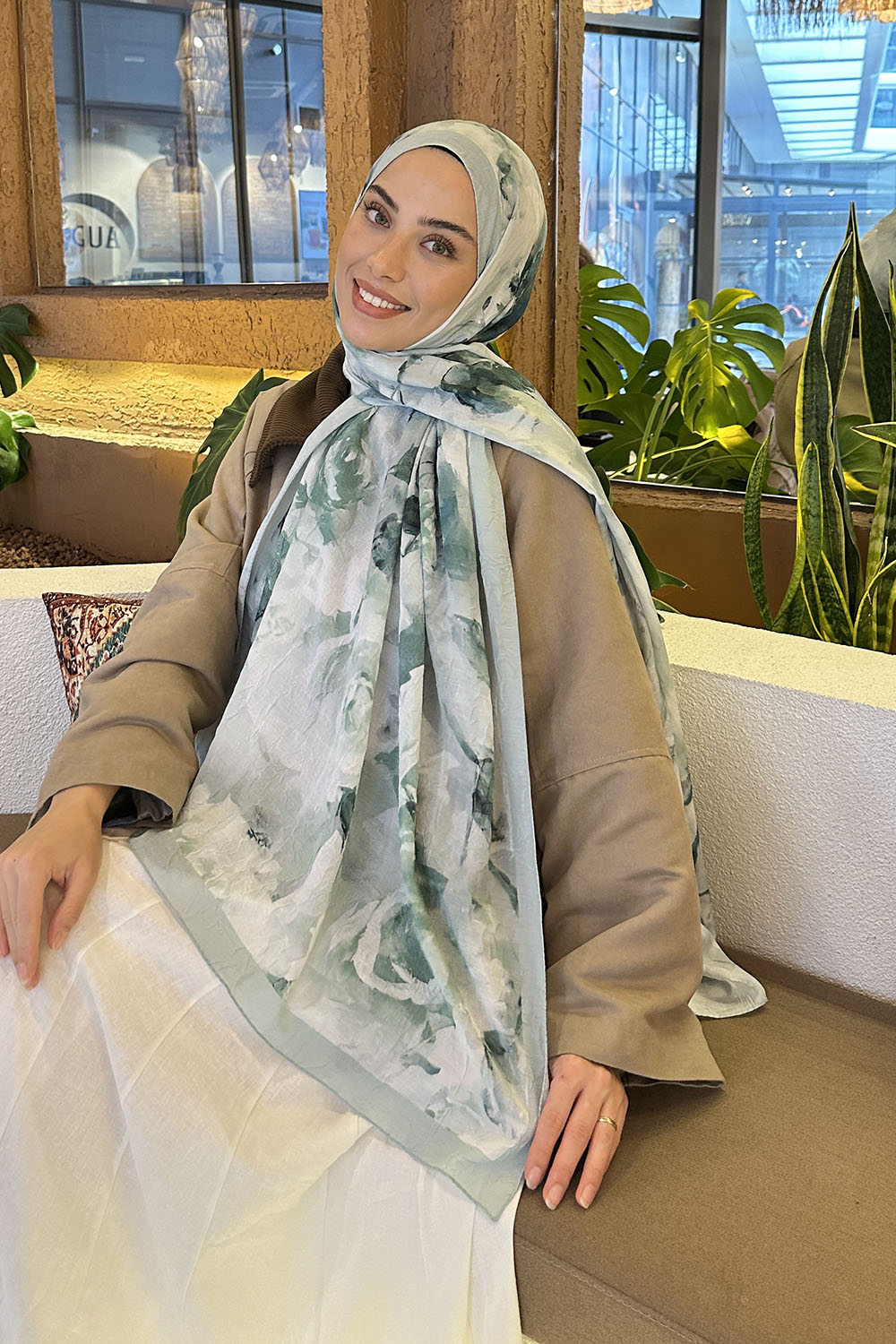 Plum Green Cotton Fabric Flowering Shawl