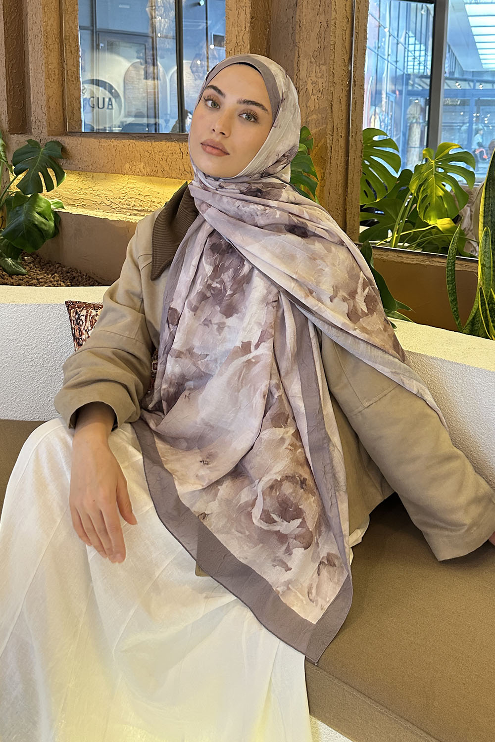 Lamelif Gül Desen Bambu Şal Gri