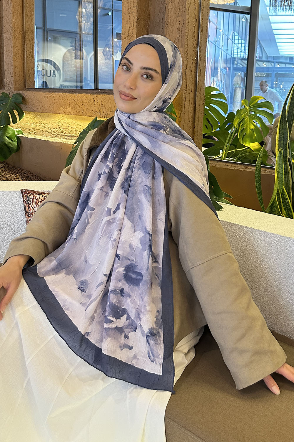 Lamelif Gül Desen Bambu Şal İndigo