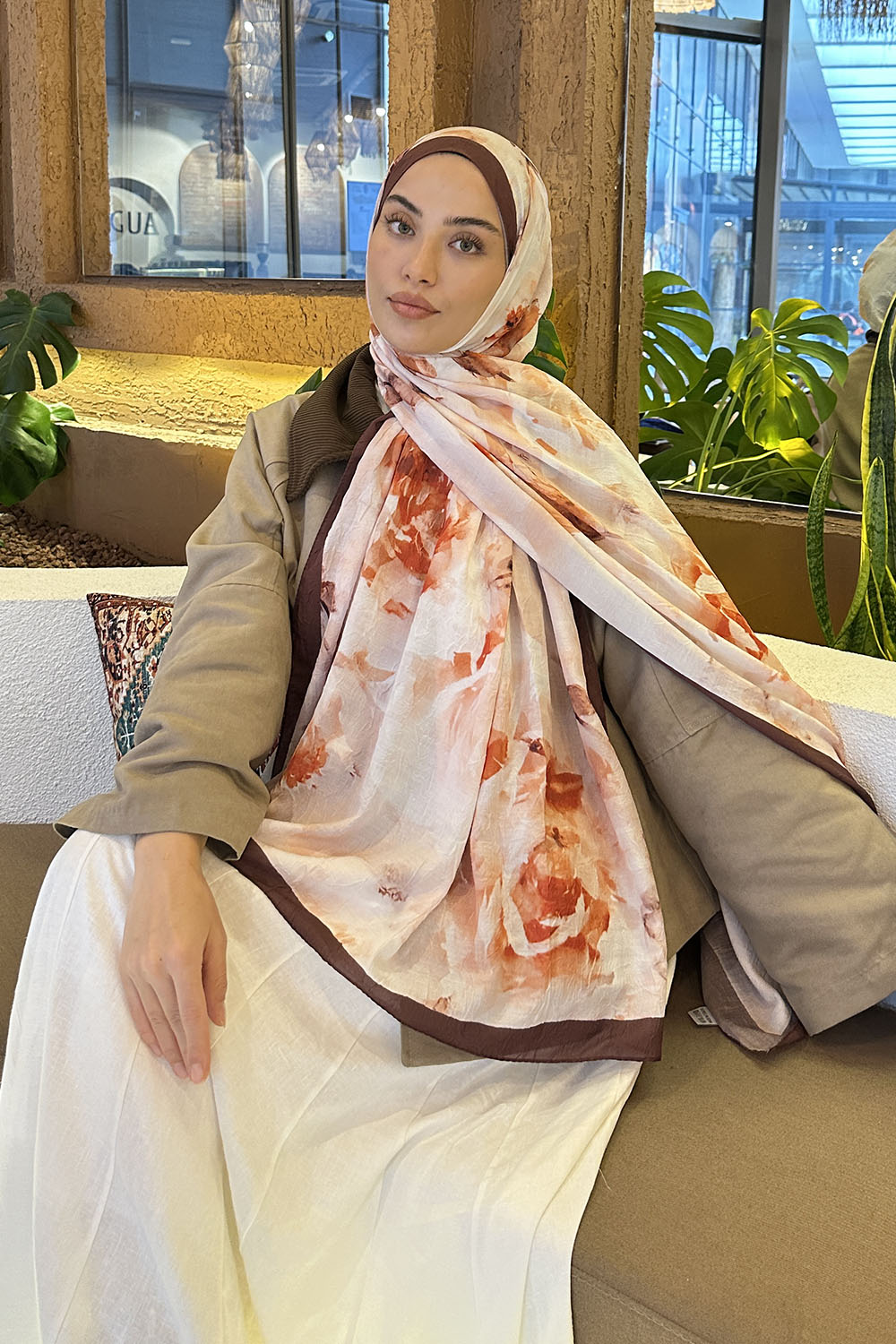 Lamelif Gül Desen Bambu Şal Kahverengi