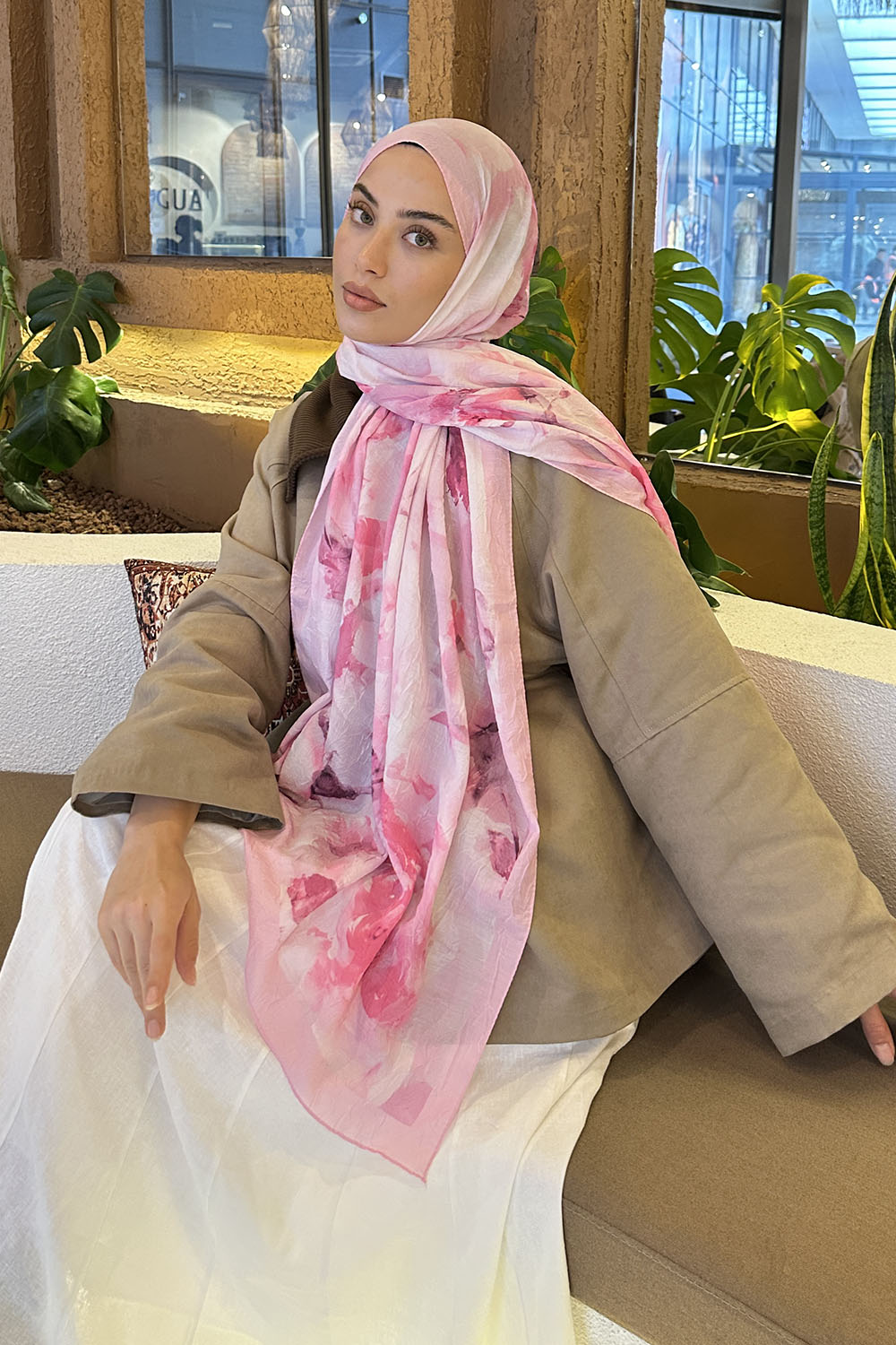 Lamelif Gül Desen Bambu Şal Şeker Pembe