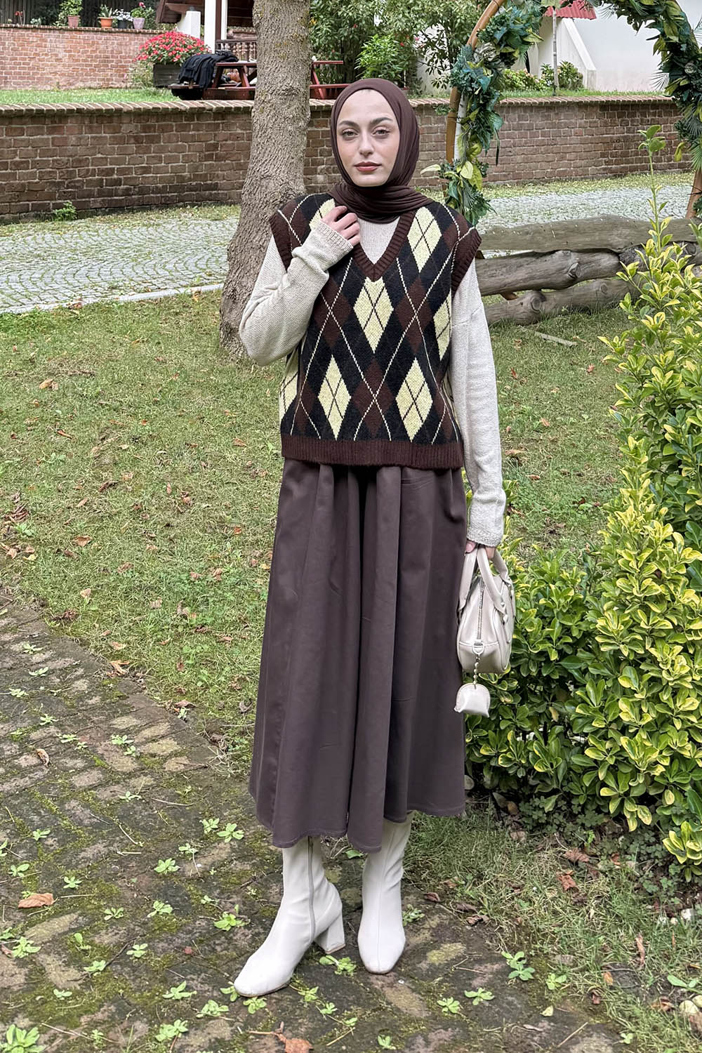 Lamelif Baklava Desenli Süveter Acı Kahve