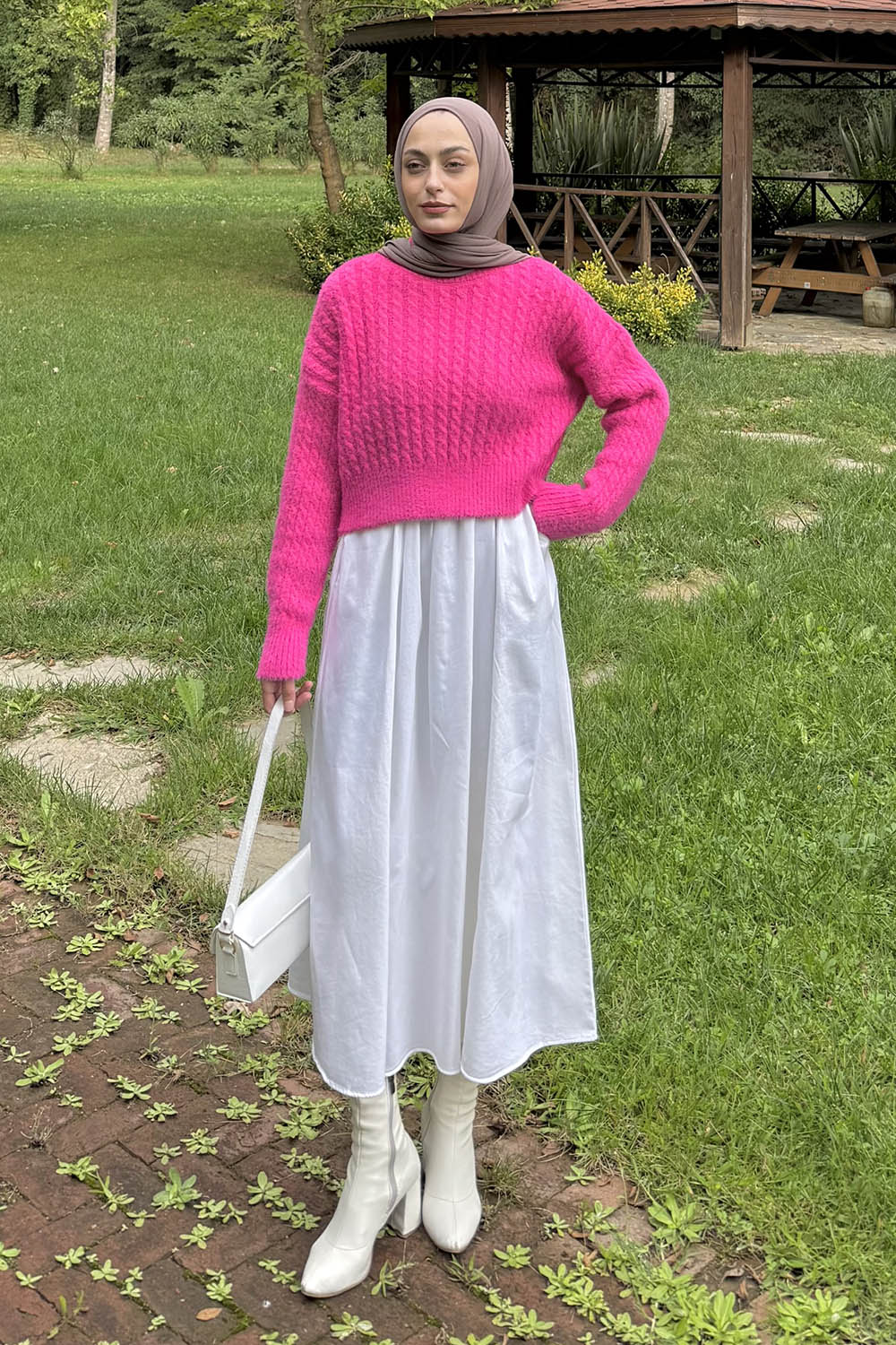 Lamelif Crop Triko Kazak Fuşya