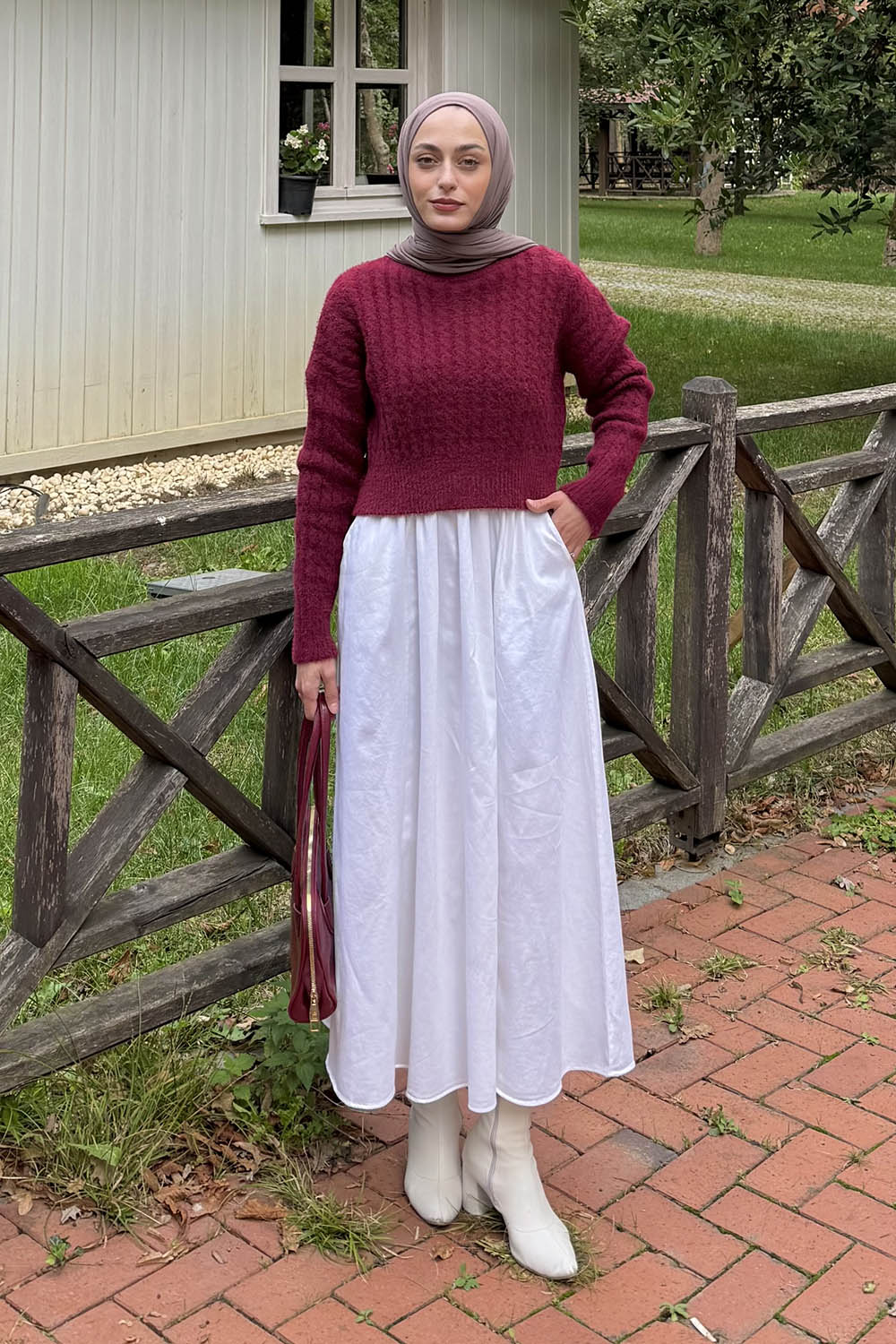 Lamelif Crop Triko Kazak Pudra Bordo