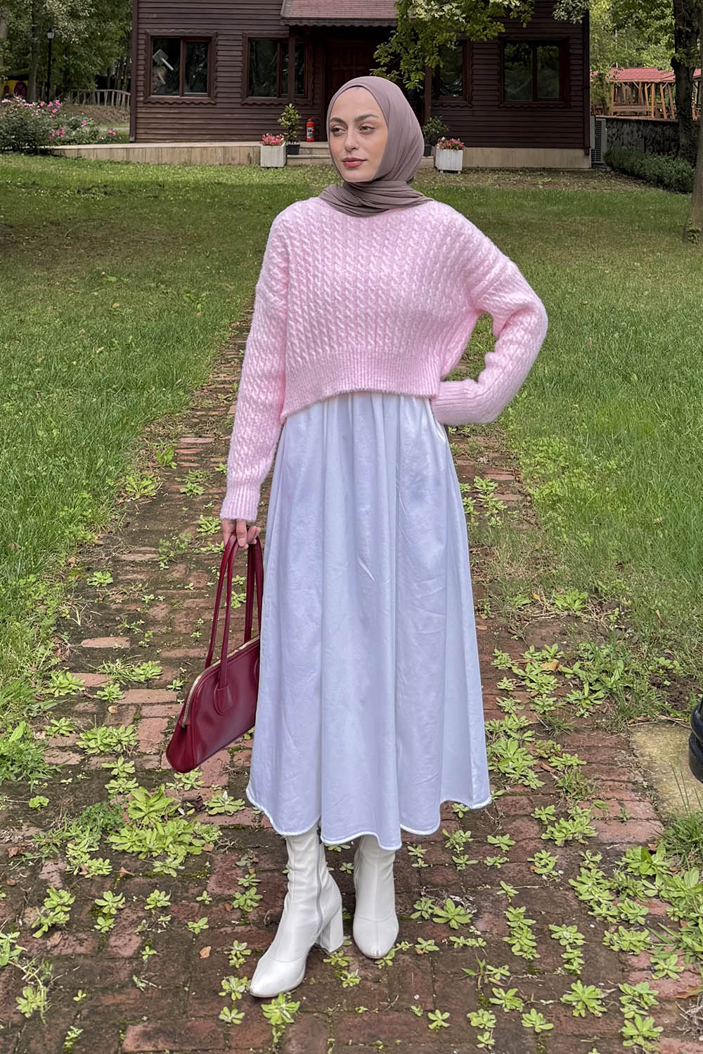 Lamelif Crop Triko Kazak Pudra Rengi