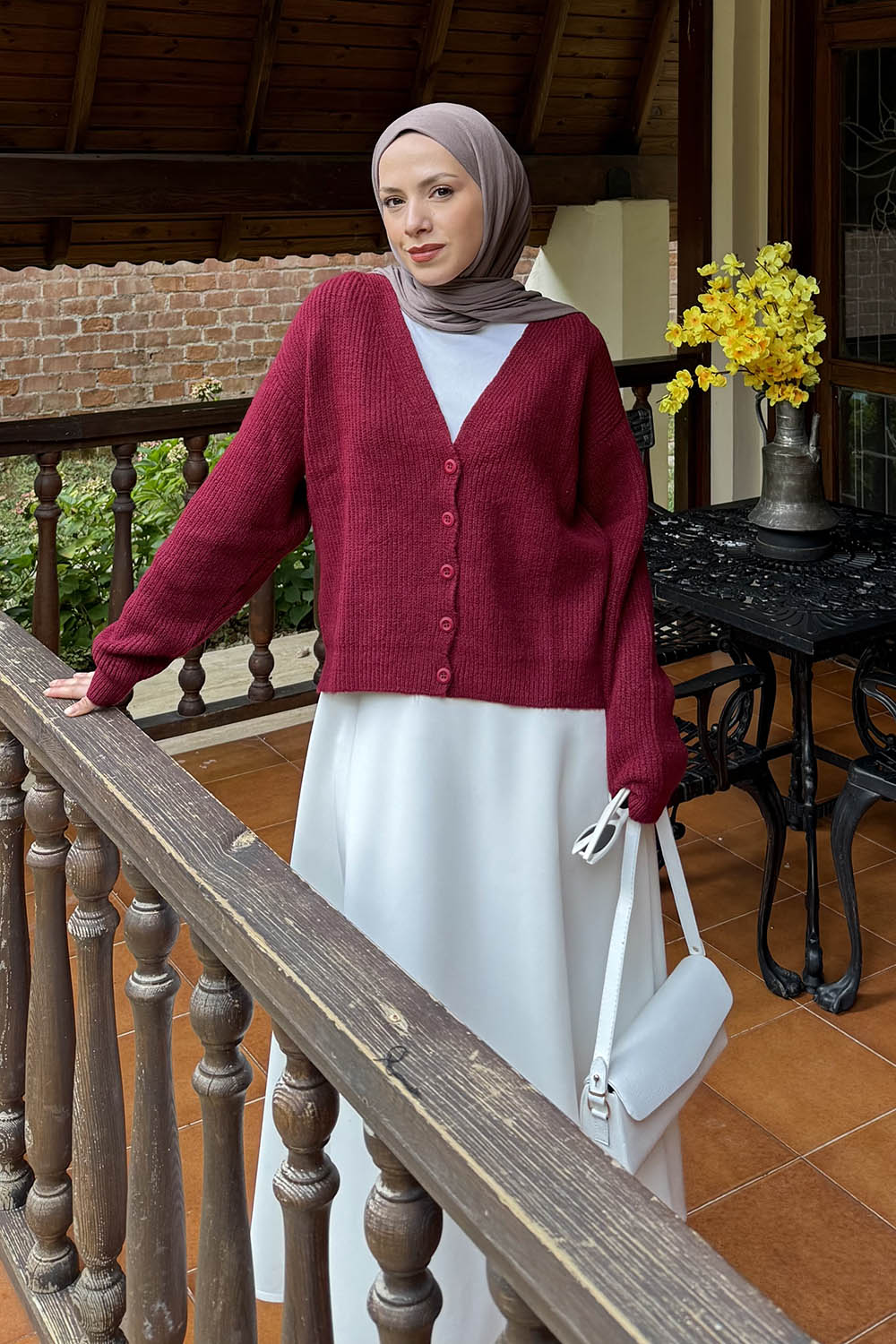 Lamelif Crop V Yaka Hırka Bordo