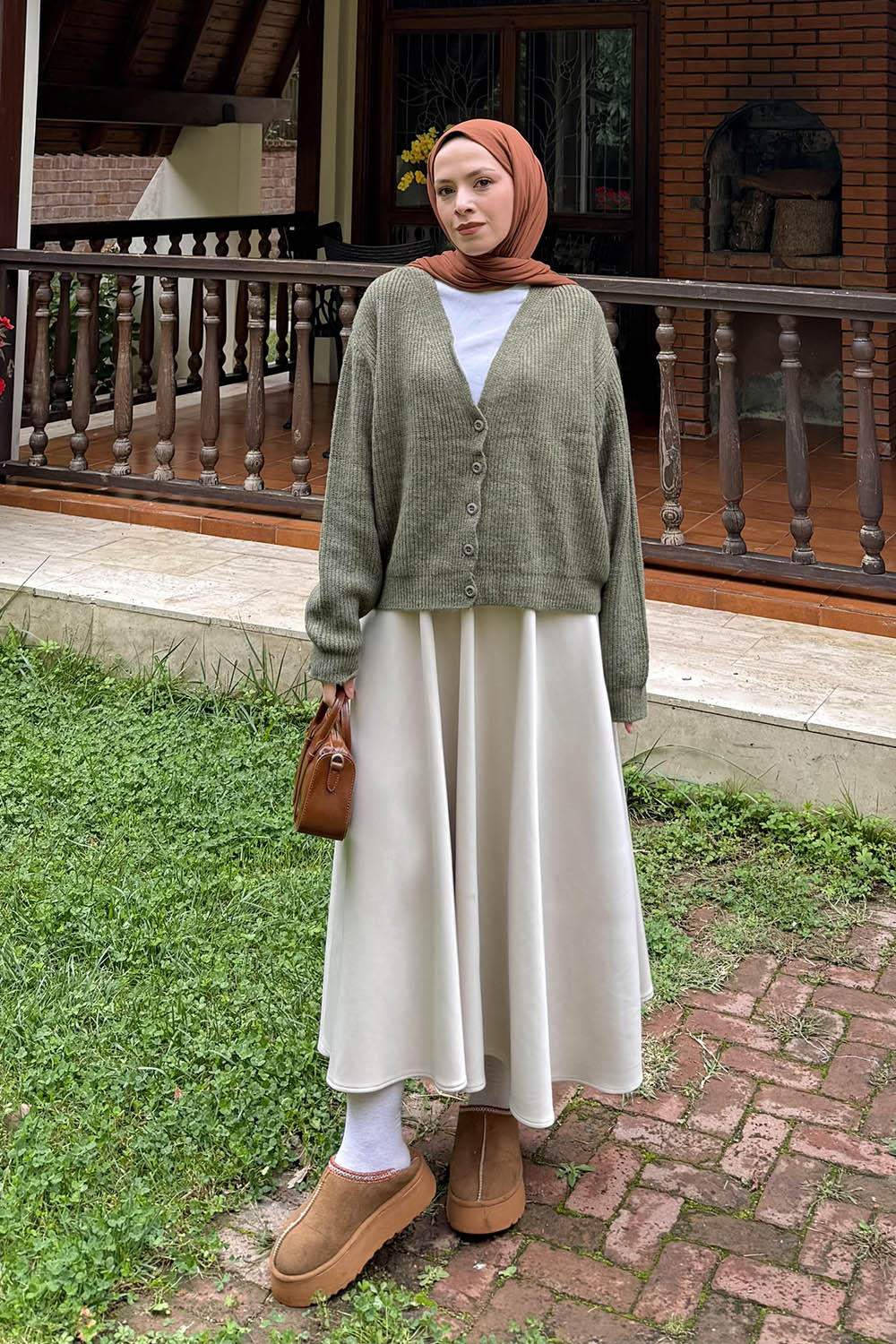 Lamelif Crop V Yaka Hırka Haki