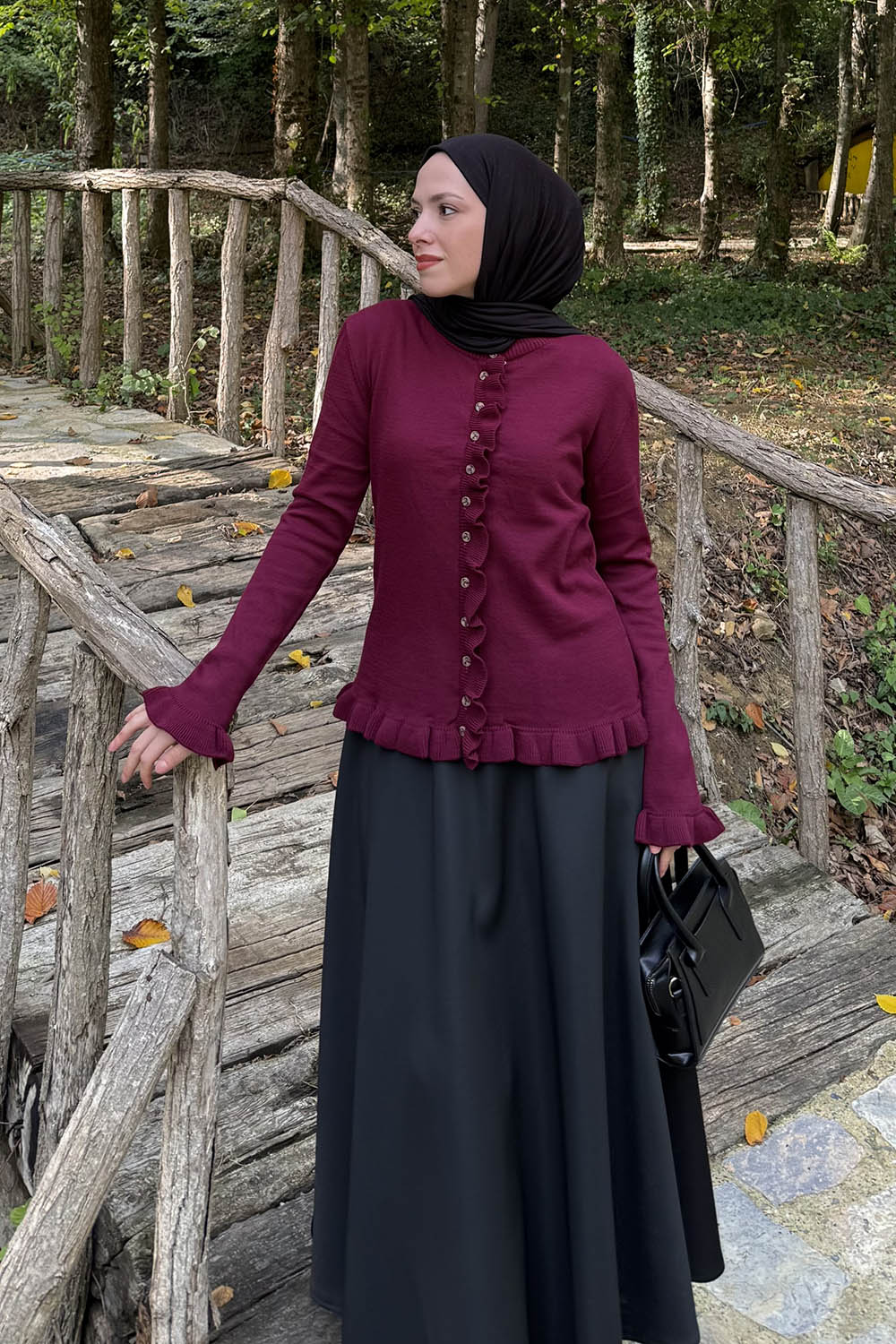 Lamelif Fırfırlı Hırka Bordo