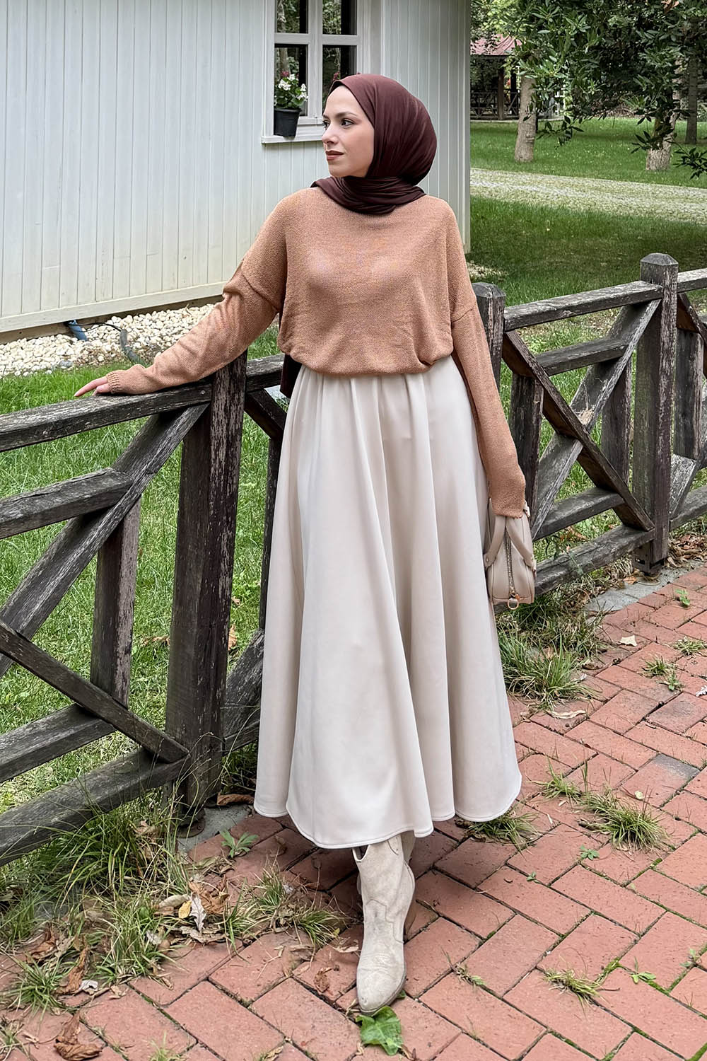 Lamelif Kayık Yaka Triko Kazak Camel