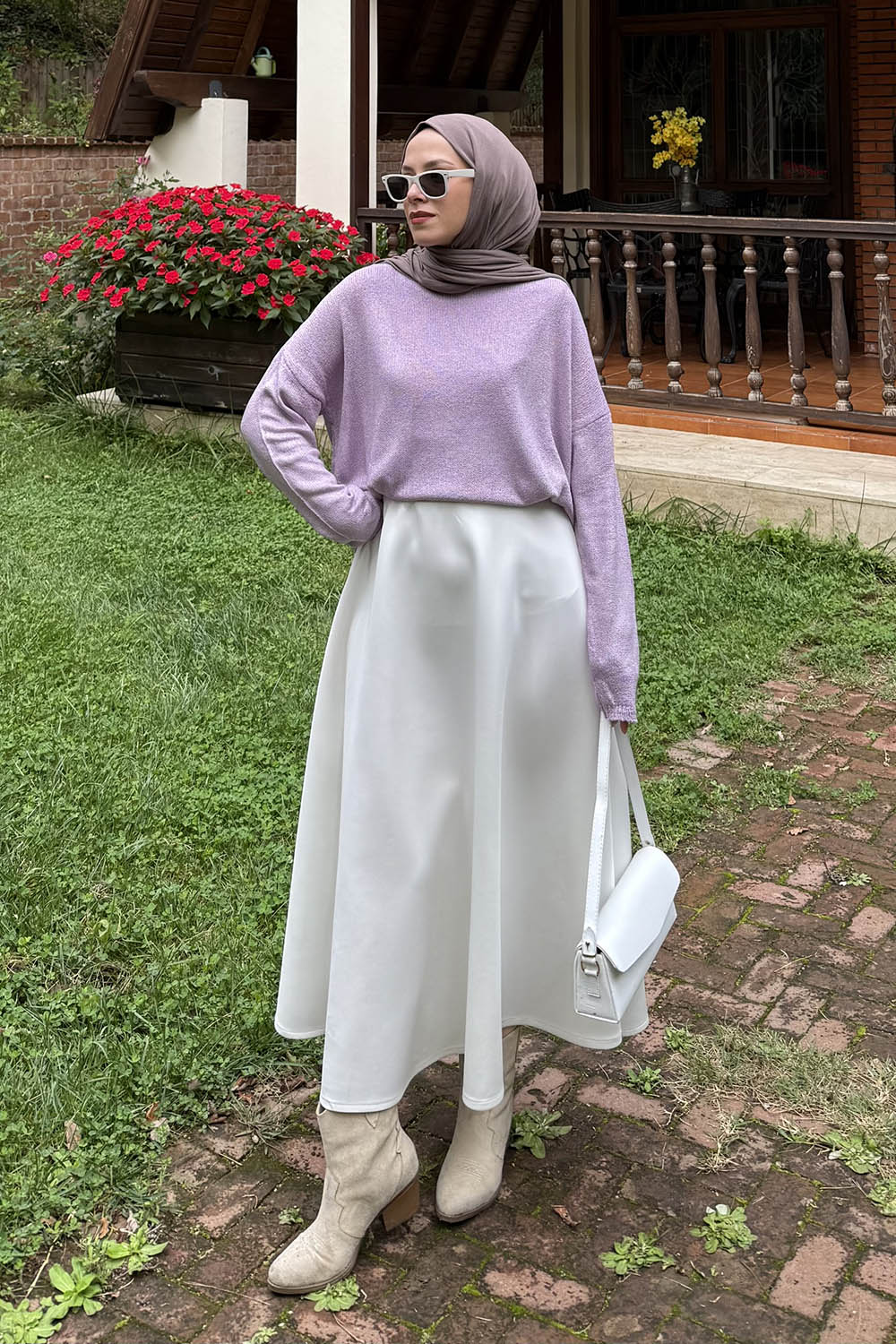 Lamelif Kayık Yaka Triko Kazak Lila