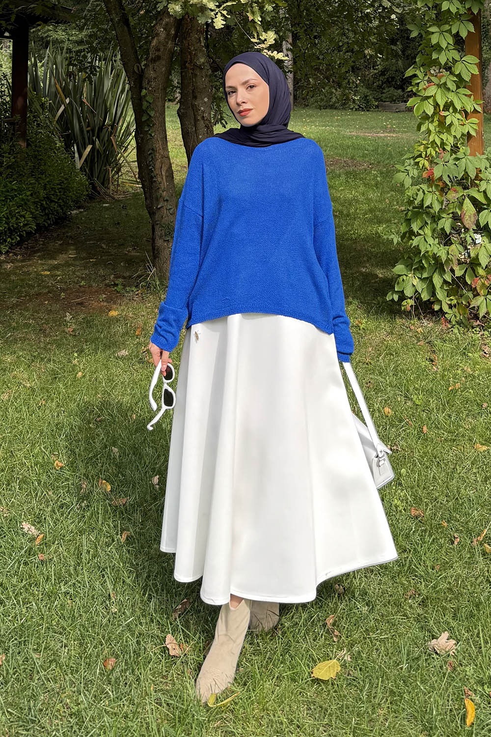 Lamelif Kayık Yaka Triko Kazak Saks Mavisi