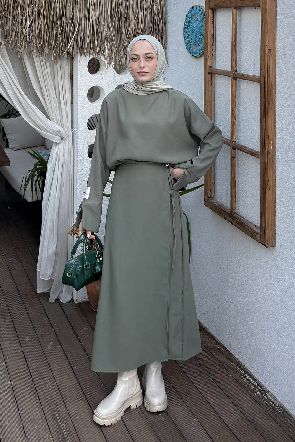 Lamelif Eteği Bağlama Detaylı Takım Haki