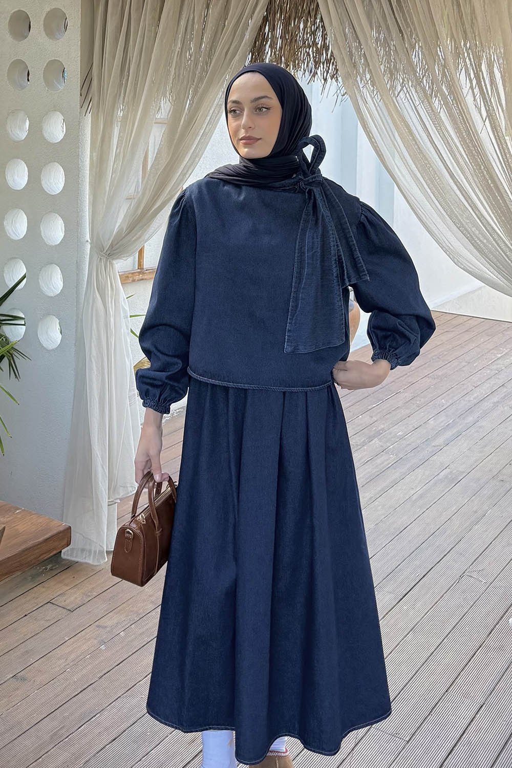 Lamelif Fiyonk Detaylı Denim Takım Koyu Mavi