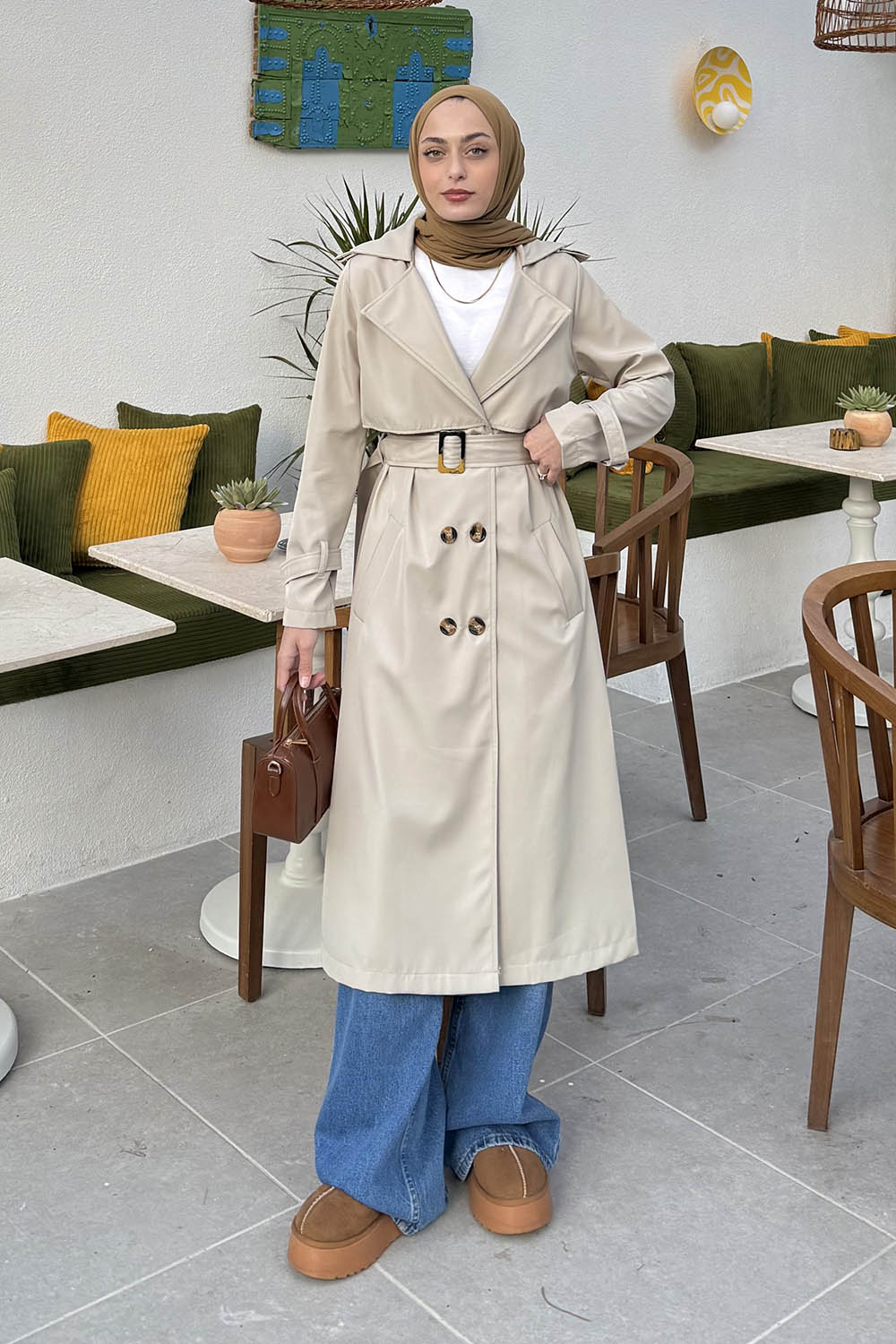 Lamelif Kuşaklı Omuz Apoletli Trençkot Taş Rengi