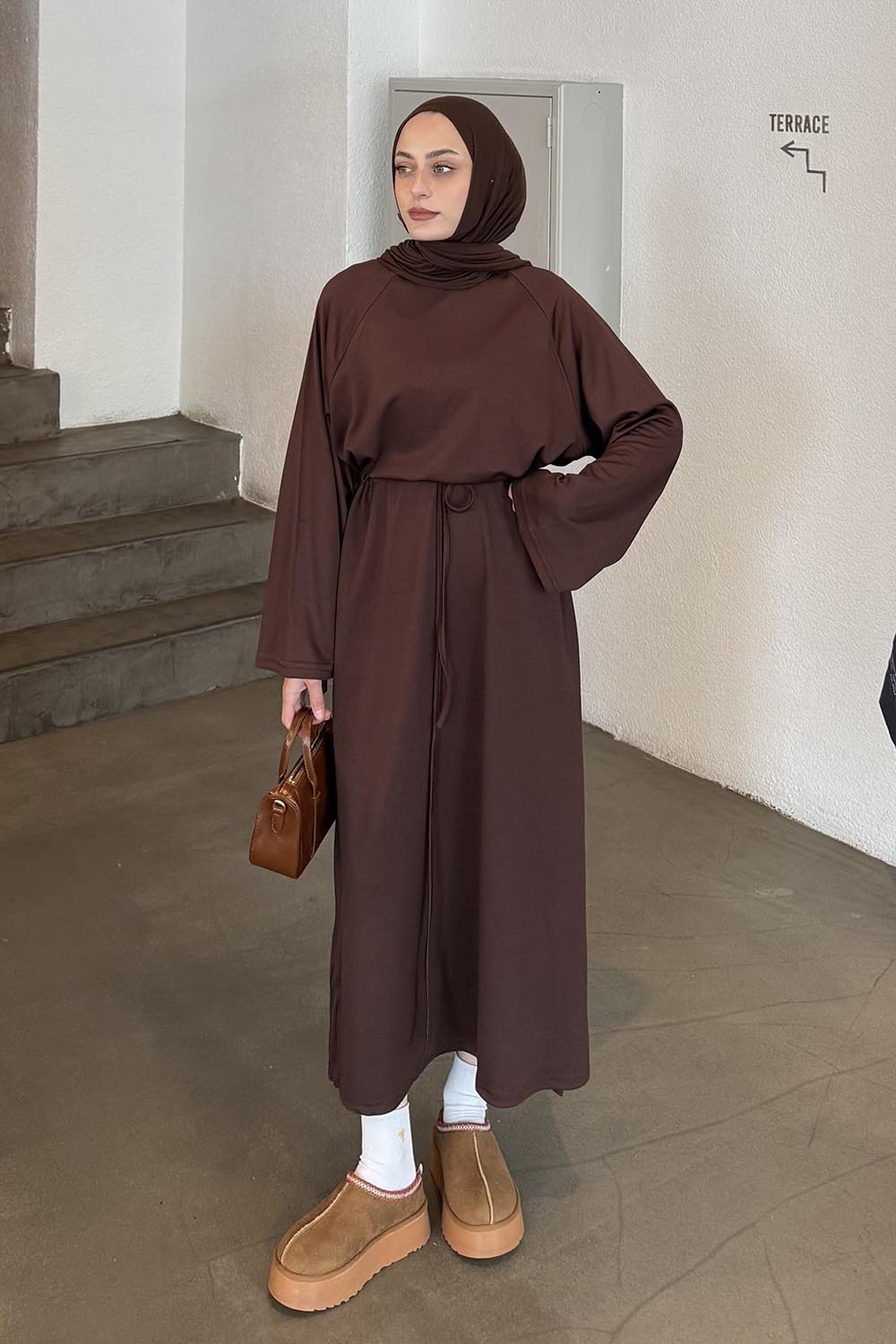 Lamelif Bağlama Detaylı Elbise Acı Kahve