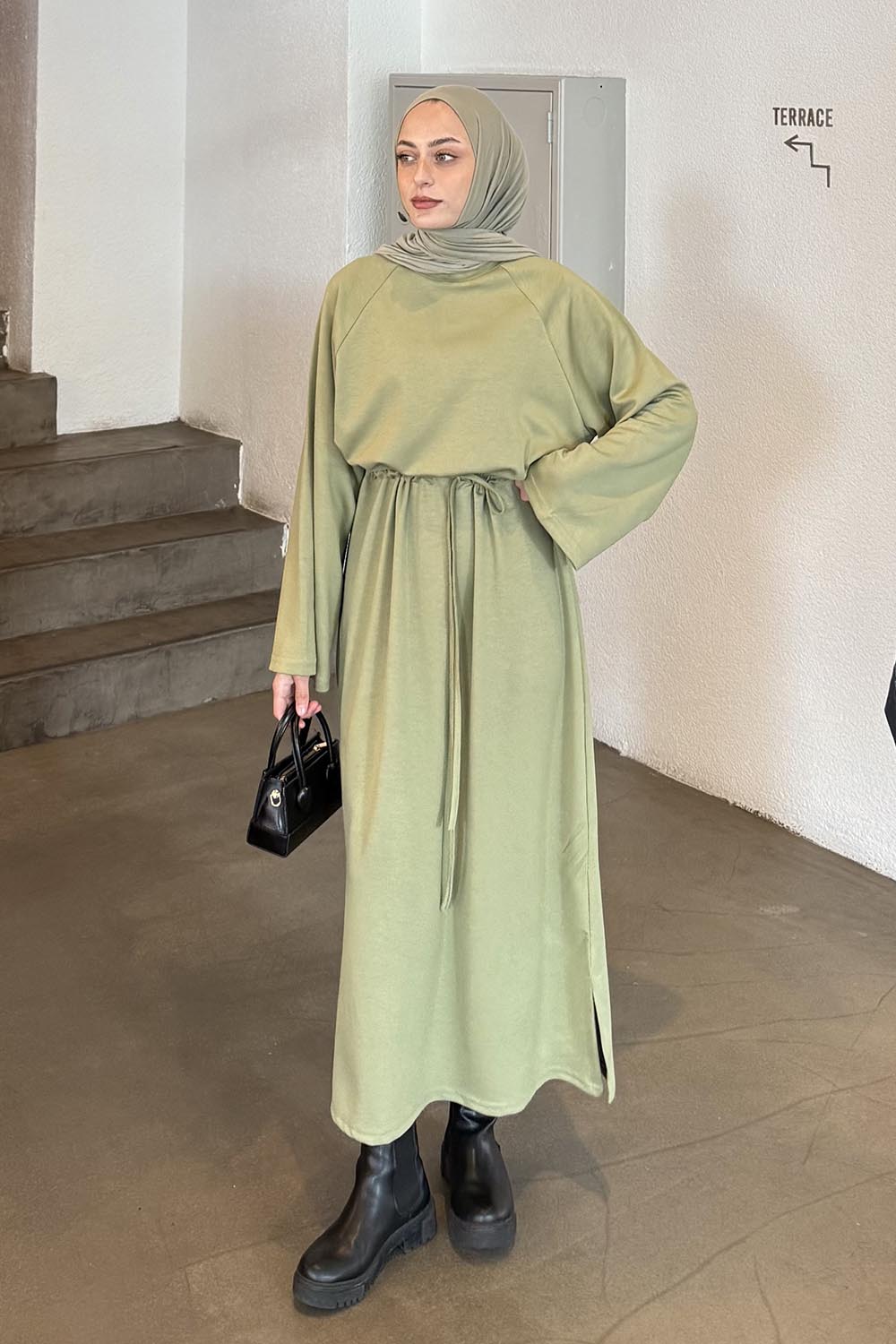 Plum Green Crew Neck Cotton Elastan Dresess