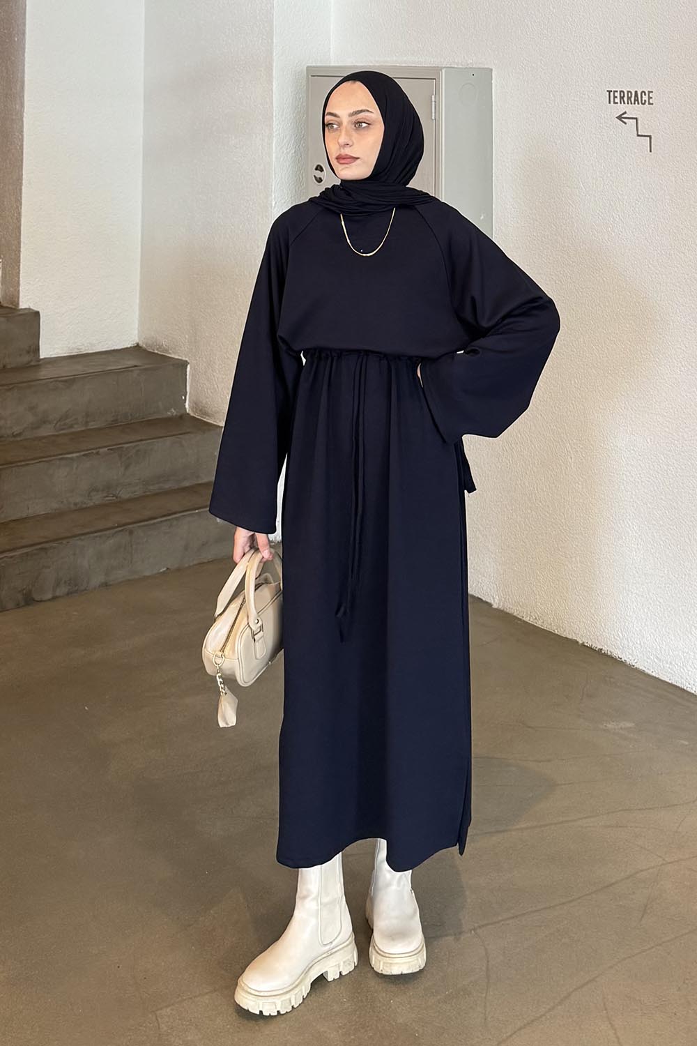 Navy Blue Crew Neck Cotton Elastan Dresess