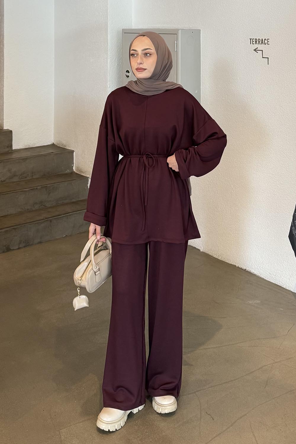 Claret Red Crew Neck Long Arm Cotton Elastan Comfortable Suit
