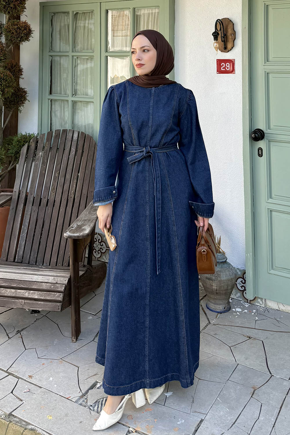 Dark Blue Crew Neck Cotton Denim Dresess