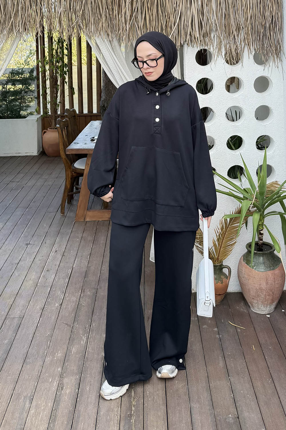 Lamelif Kanguru Cep İkili Takım Siyah