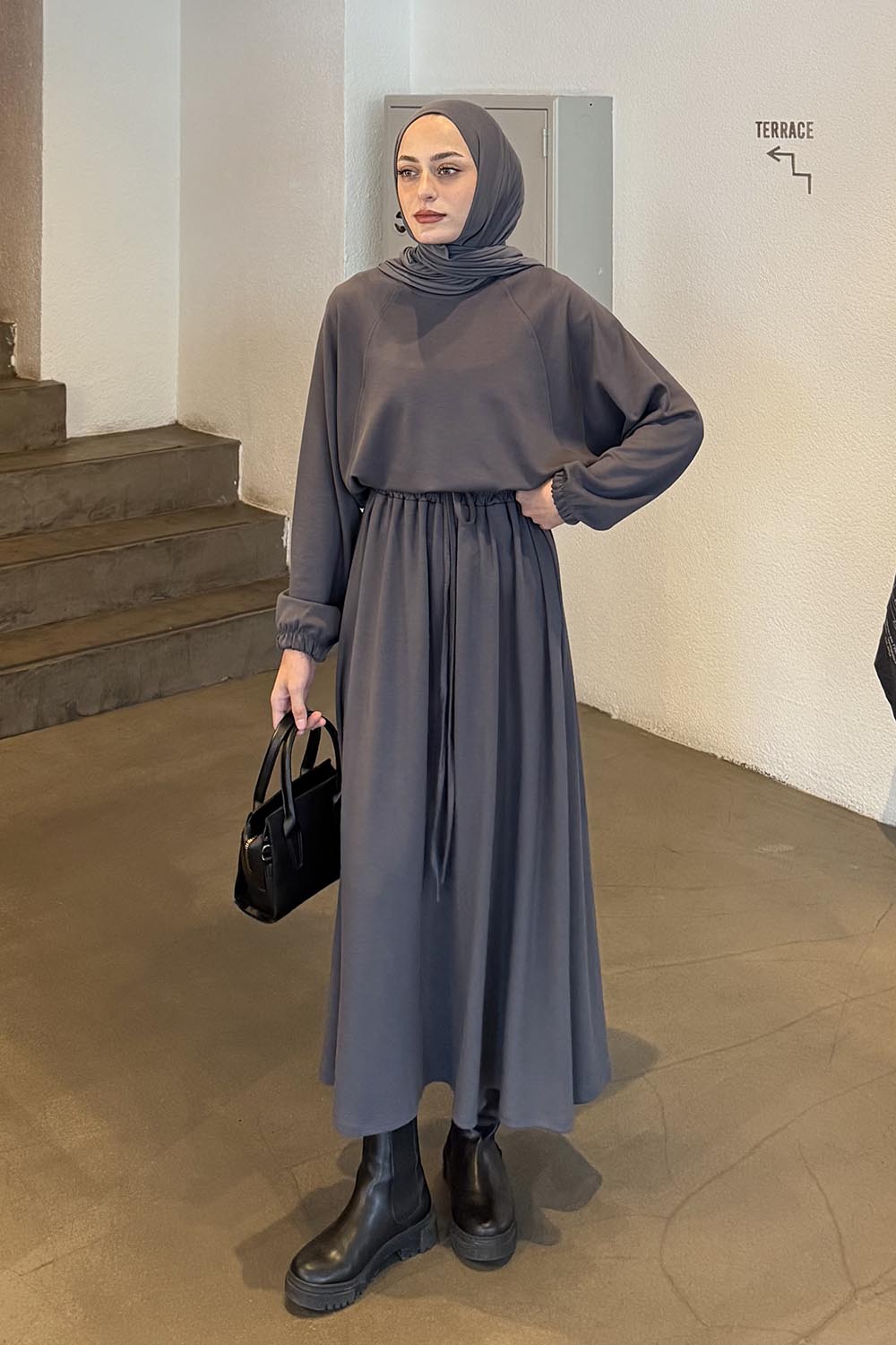 Lamelif Kol Manşet Lastikli Etekli Takım Antrasit