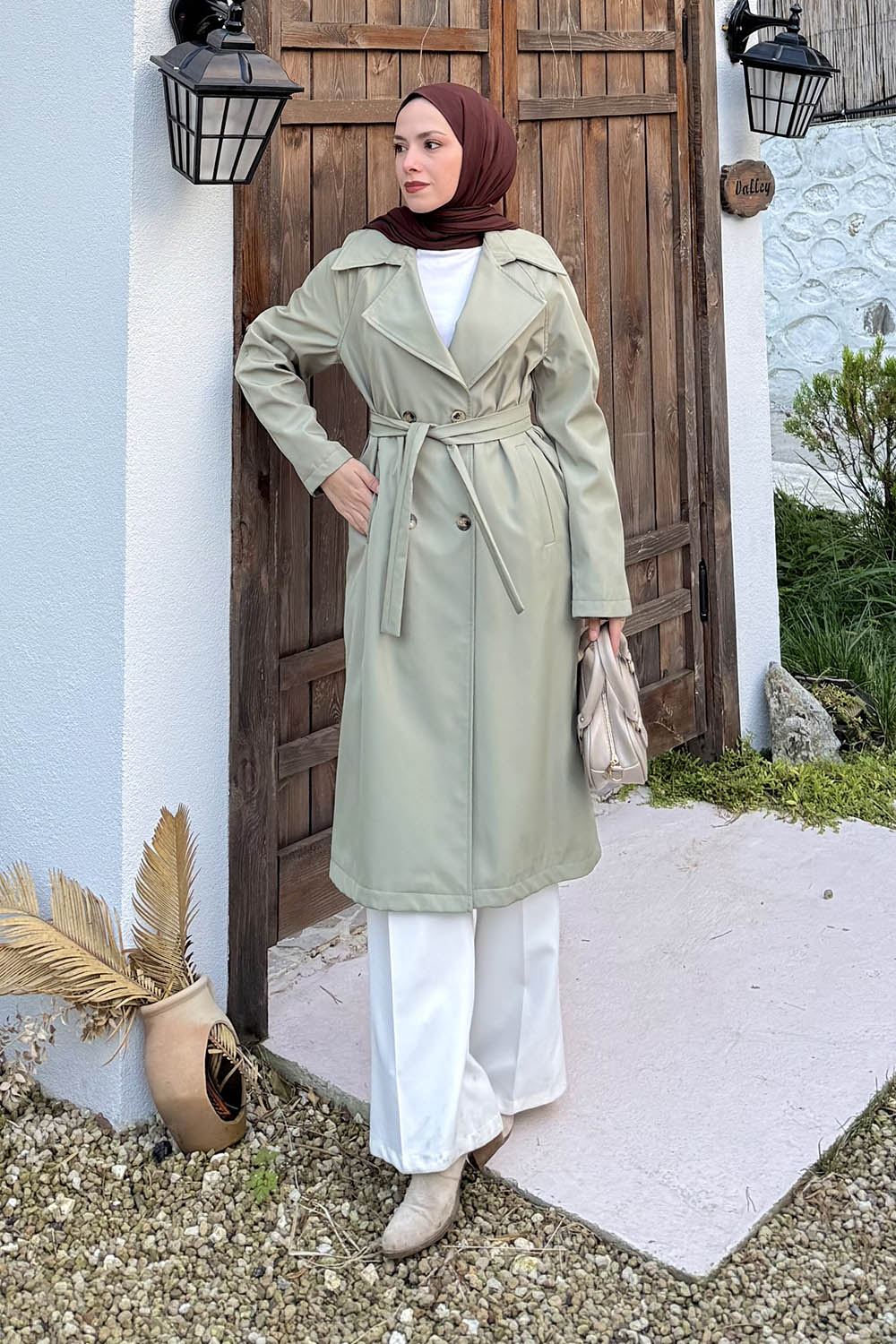 Plum Green Long Arm Buttoned Polyester Trench Coat