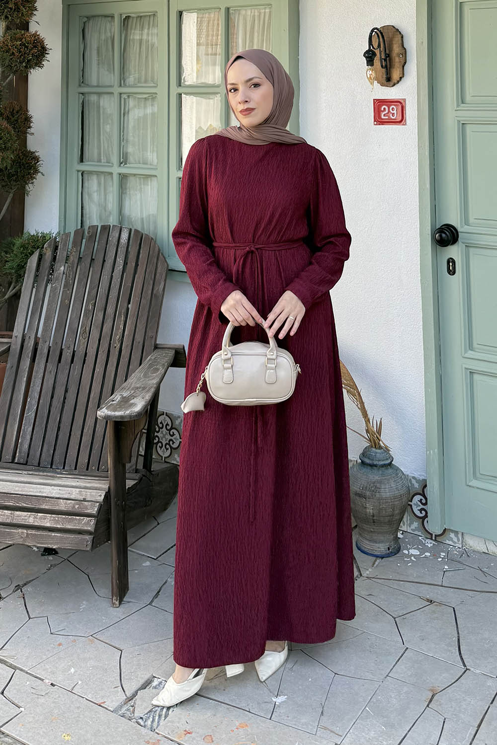 Lamelif Kuşak Bağlama Kıraşlı Tesettür Elbise Bordo