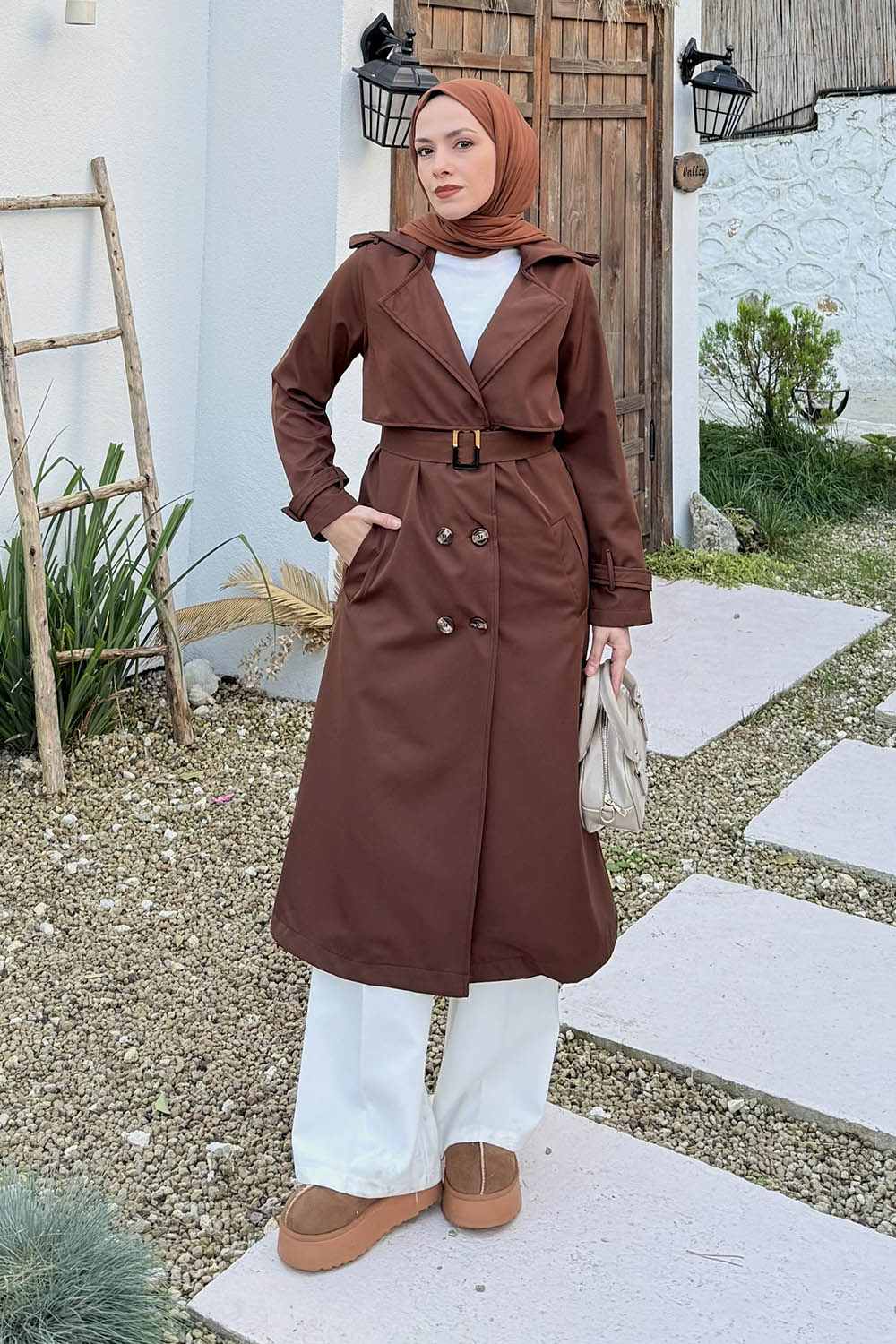 Lamelif Kuşaklı Omuz Apoletli Trençkot Acı Kahve