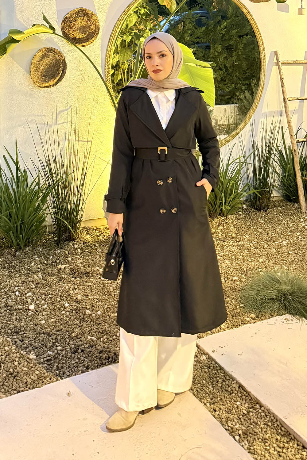 Lamelif Kuşaklı Omuz Apoletli Trençkot Siyah