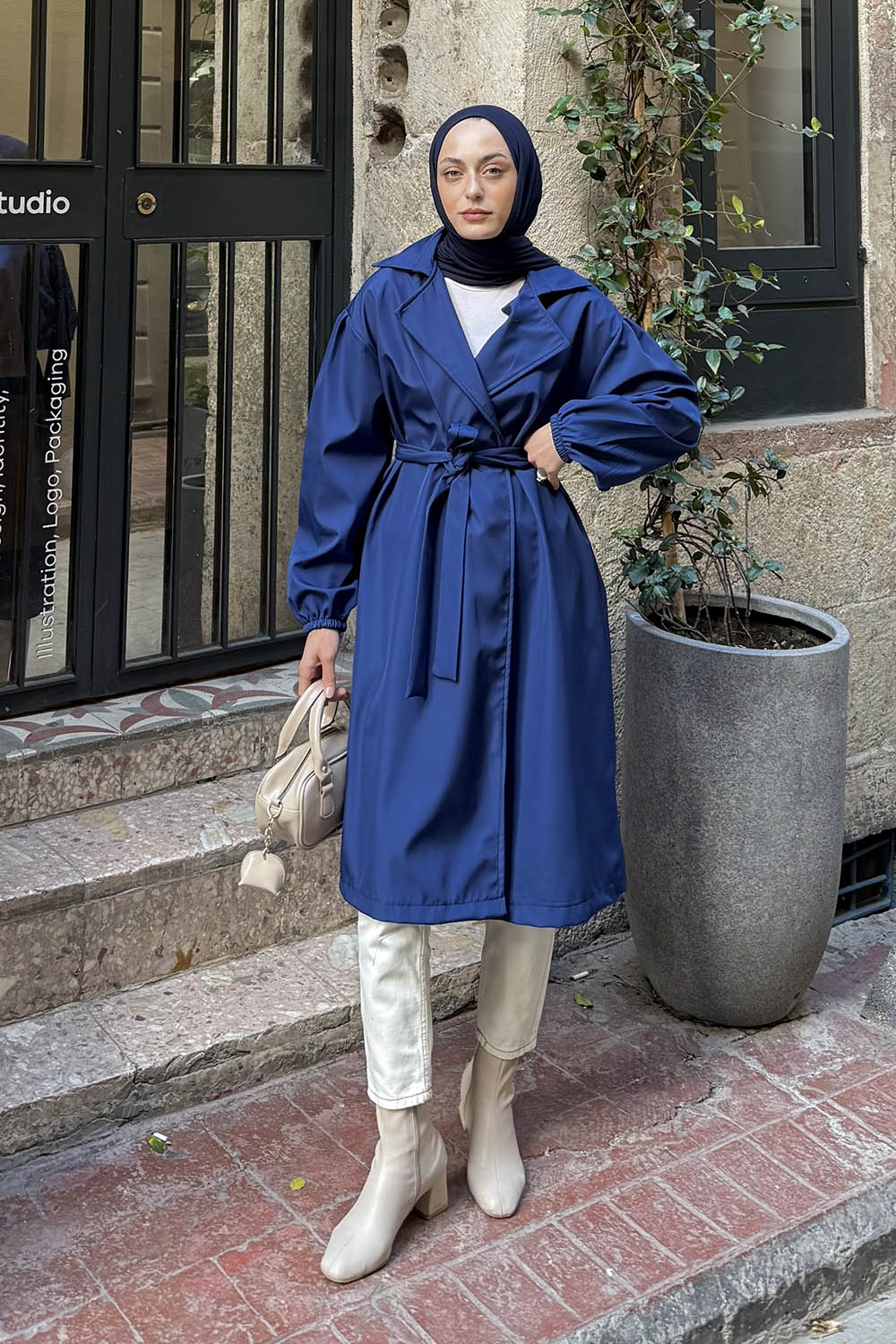 Lamelif Balon Kol Trençkot Lacivert