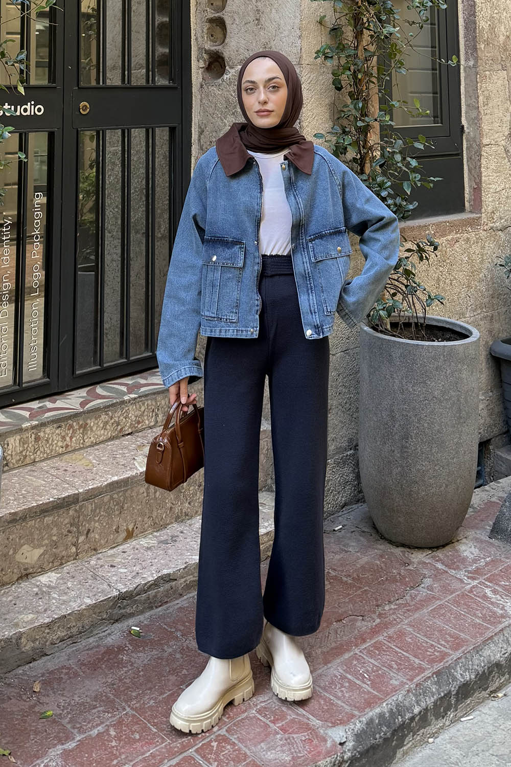 Lamelif Çıtçıtlı Acı Kahve Gömlek Yaka Detaylı Denim Ceket Kot Mavisi