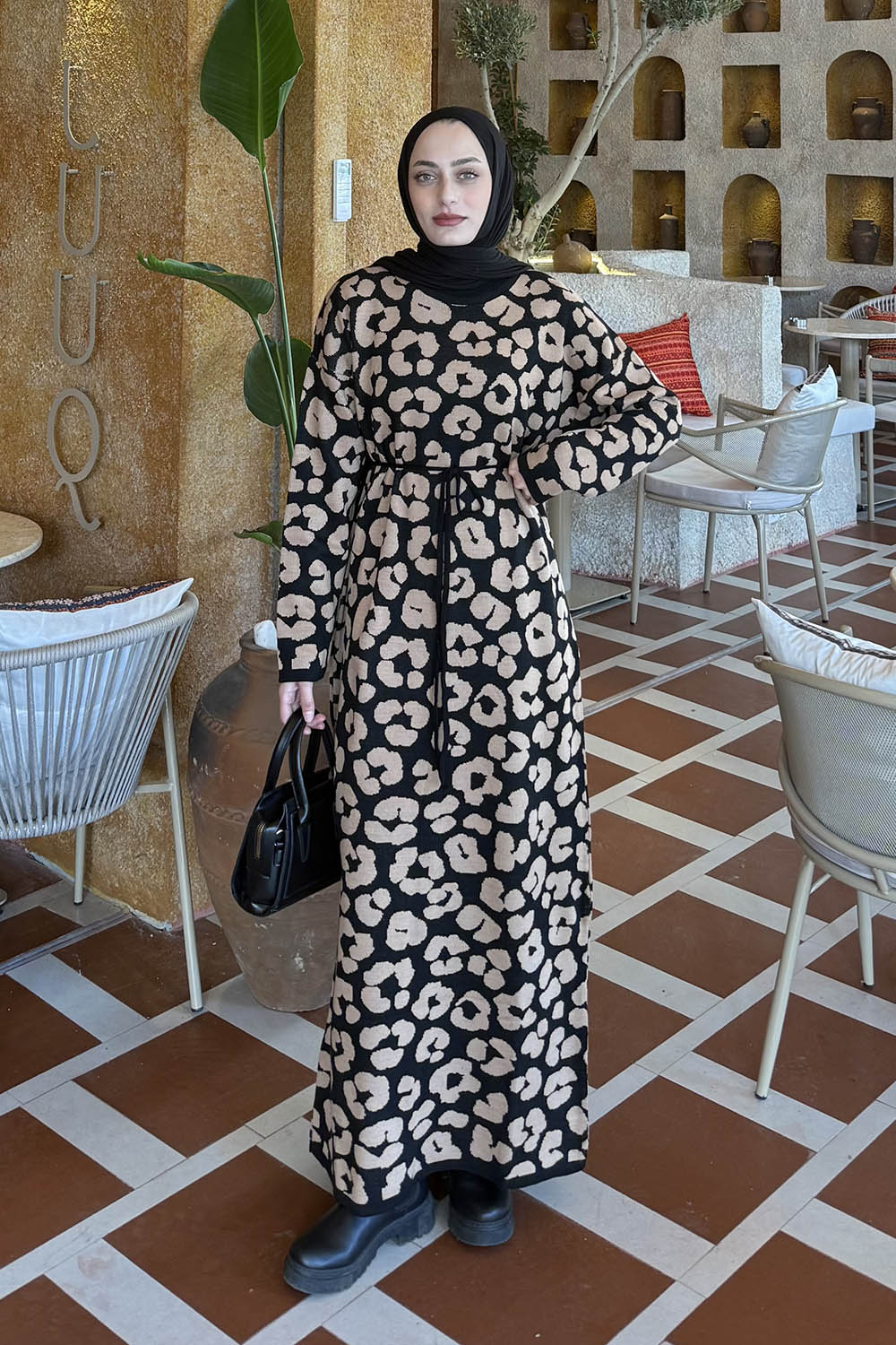 Lamelif Leopar Detaylı Triko Elbise Leopar Desen