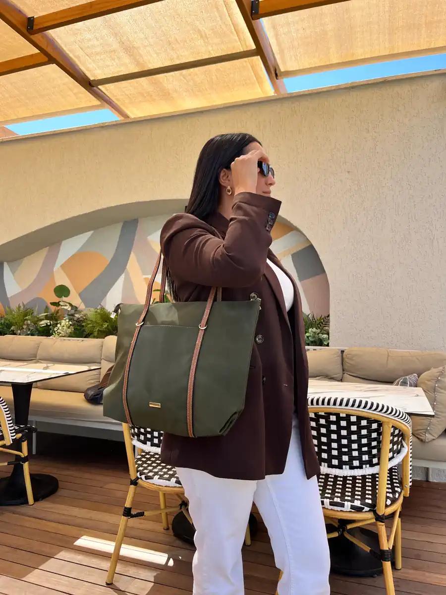 Lamelif Şeritli Shopper Kadın Omuz Çantası Haki