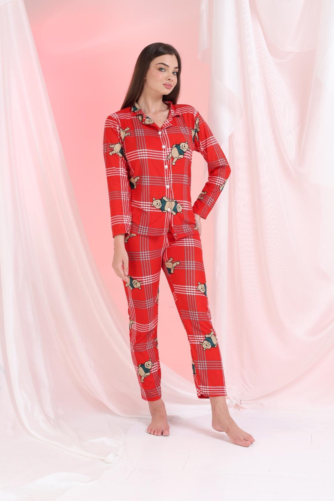 Lamelif Ayıcık Detaylı Ekoseli Pijama Takımı Kırmızı