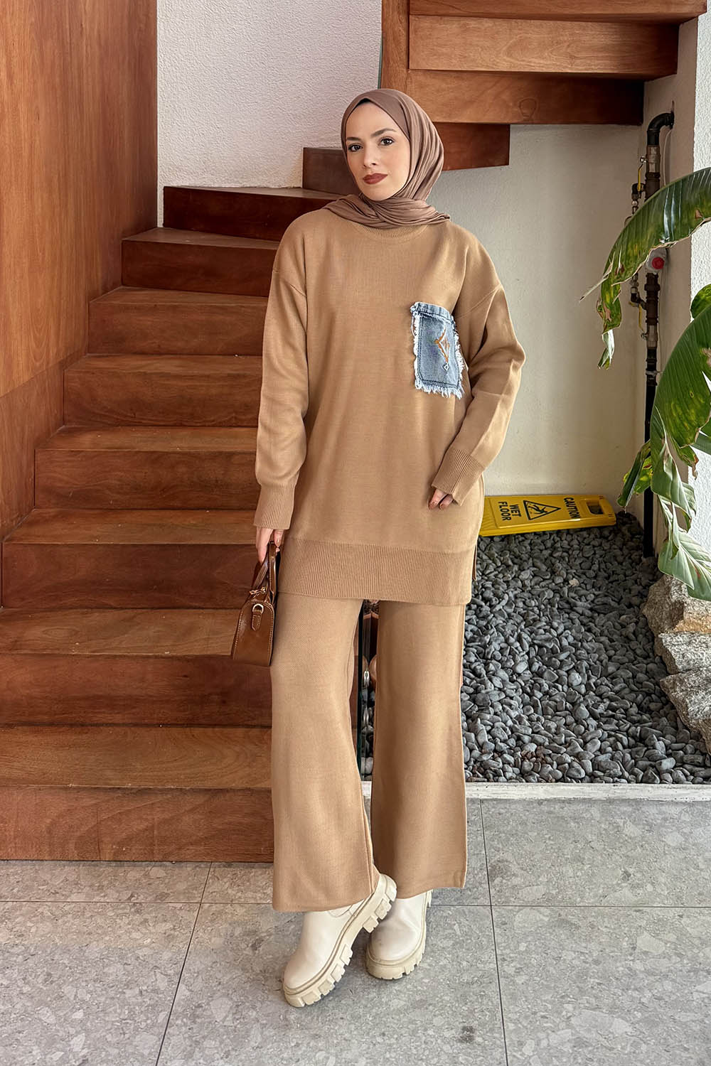 Lamelif Cep Detaylı Triko Takım Camel