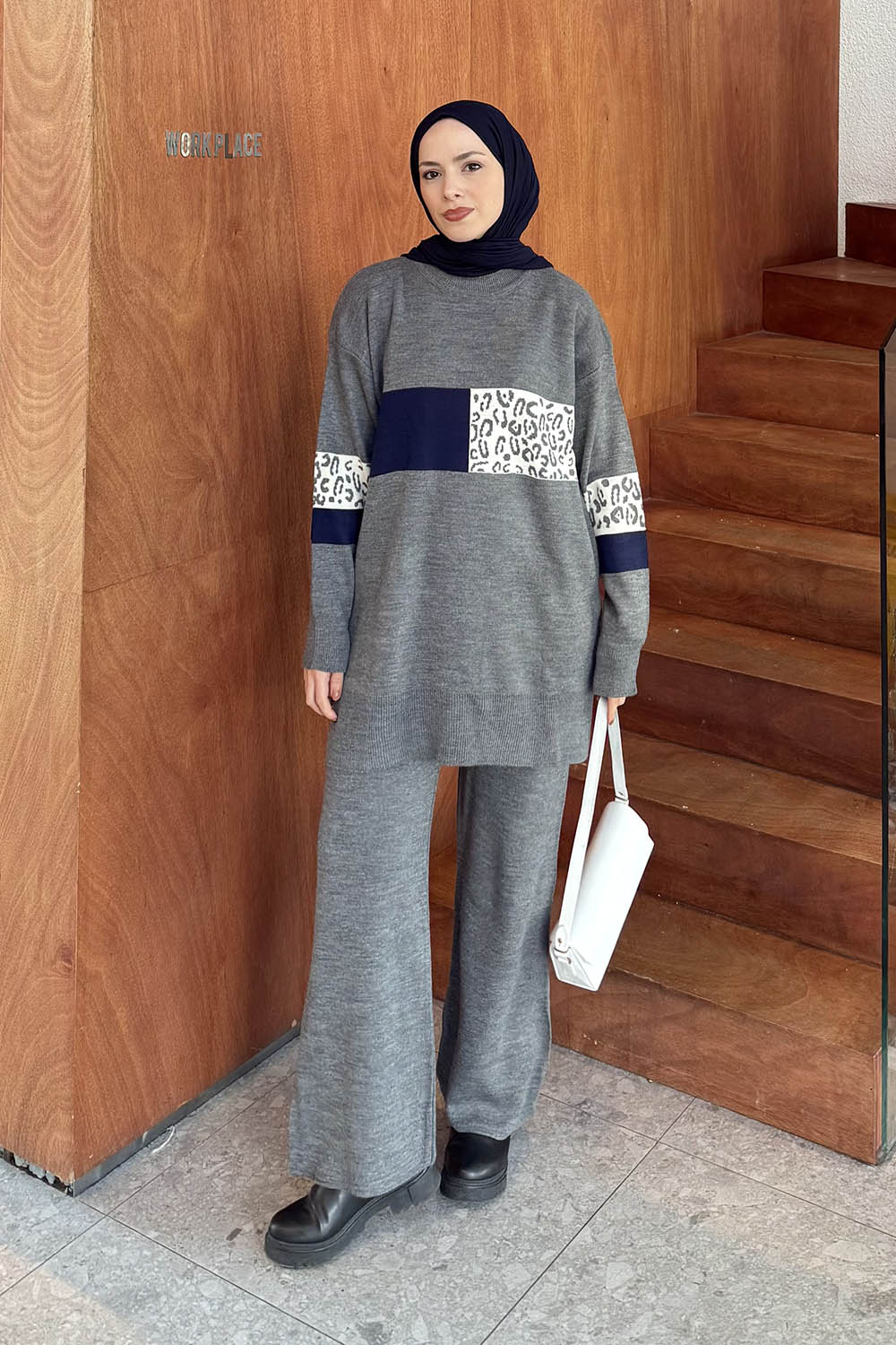 Lamelif Desenli Triko Takım Füme