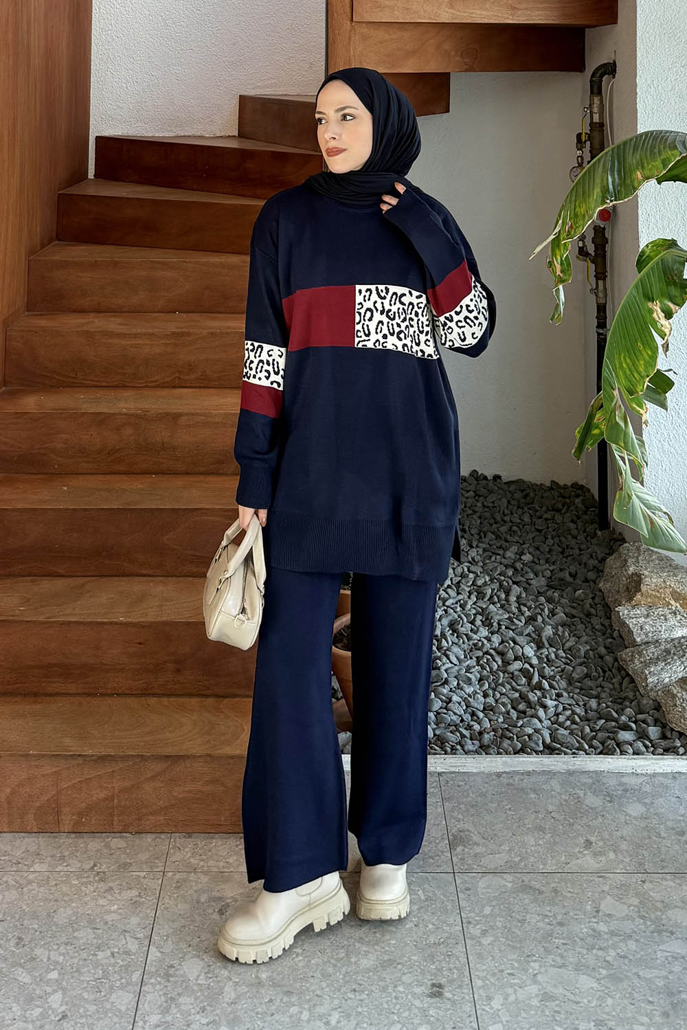 Lamelif Desenli Triko Takım Lacivert