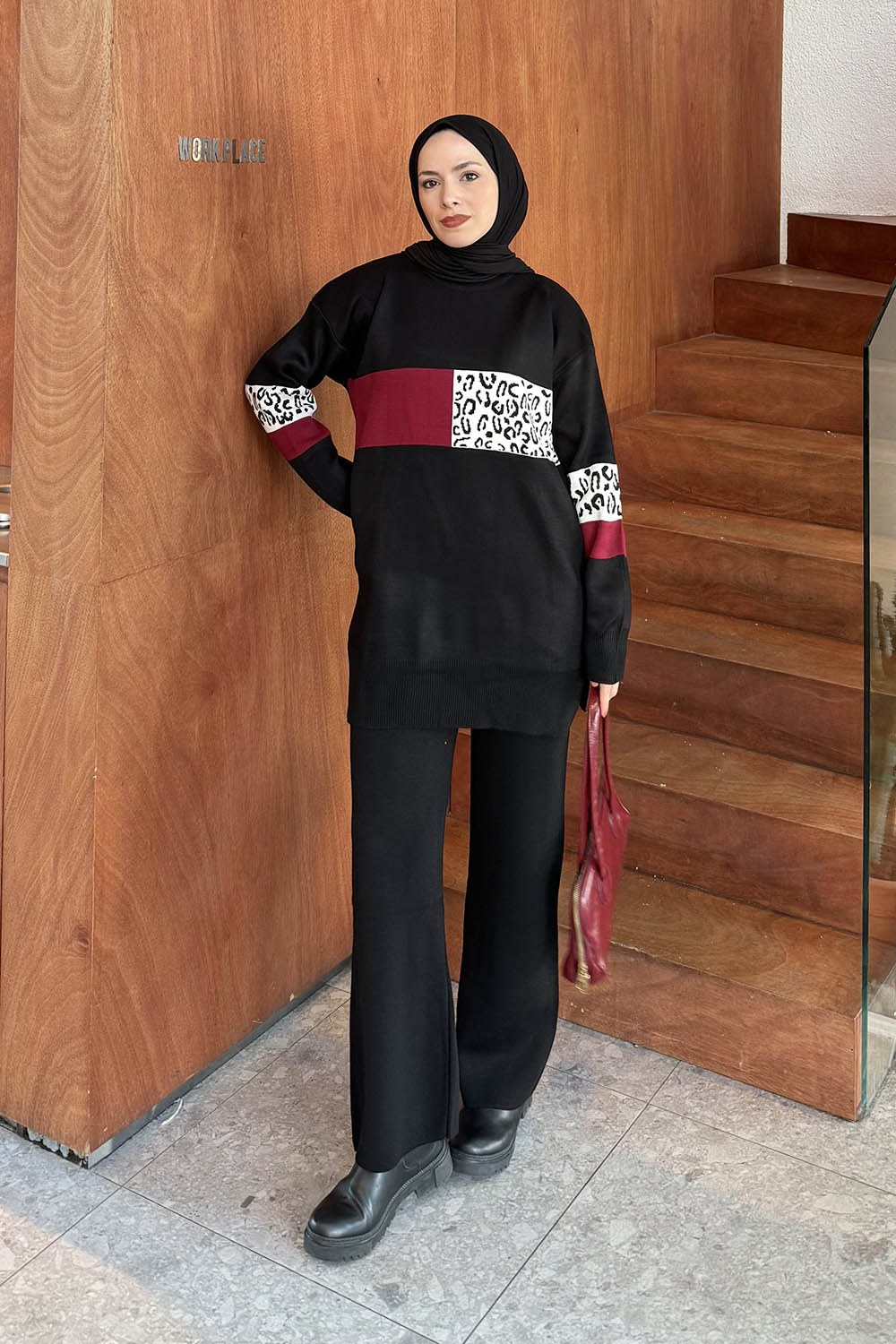 Lamelif Desenli Triko Takım Siyah