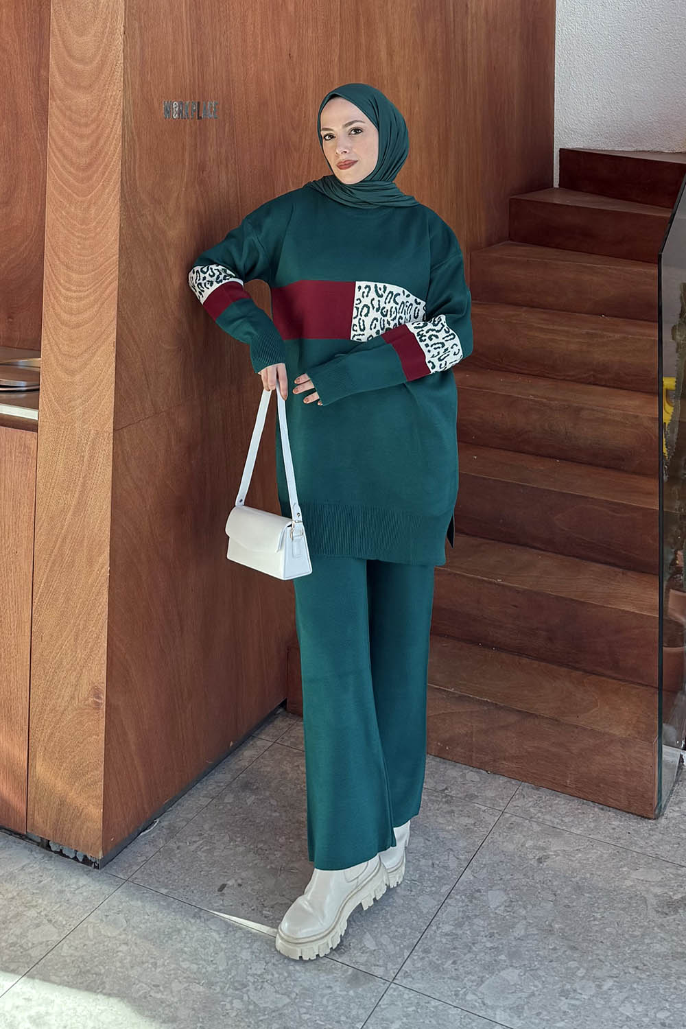 Lamelif Desenli Triko Takım Zümrüt