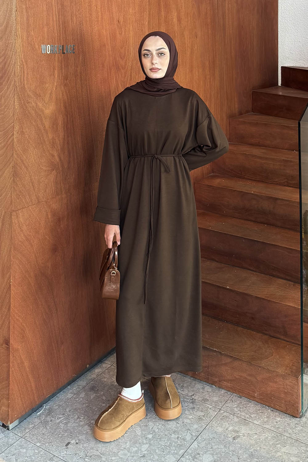 Bitter Brown Crew Neck Cotton Elastan Dresess