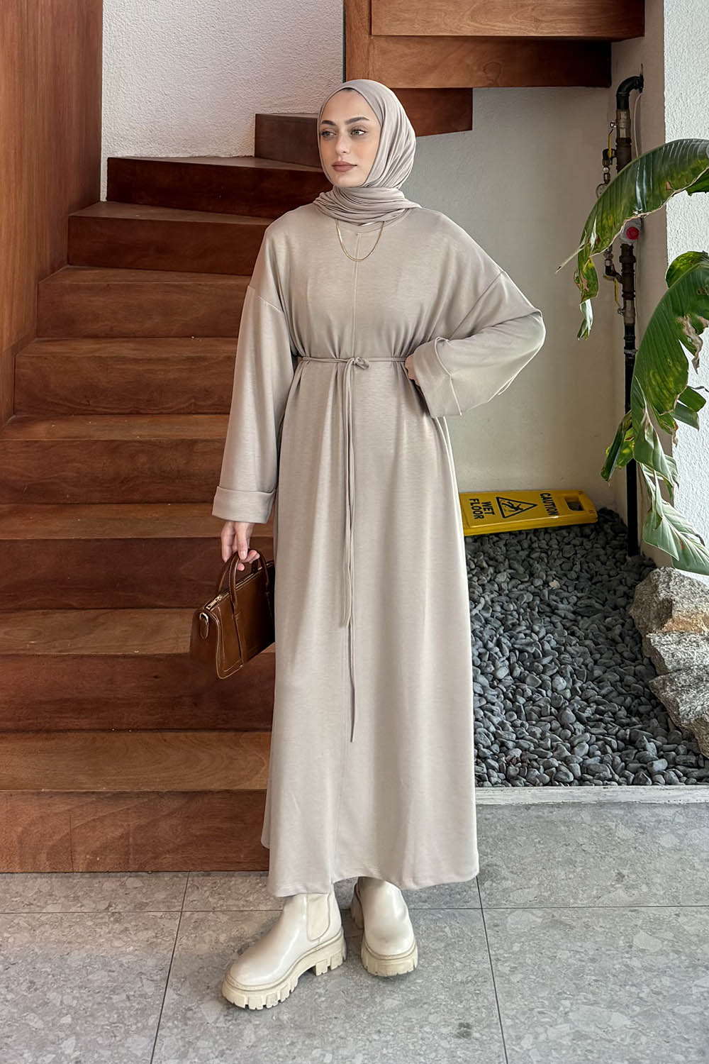 Lamelif Bağlama Detaylı Elbise Taş Rengi